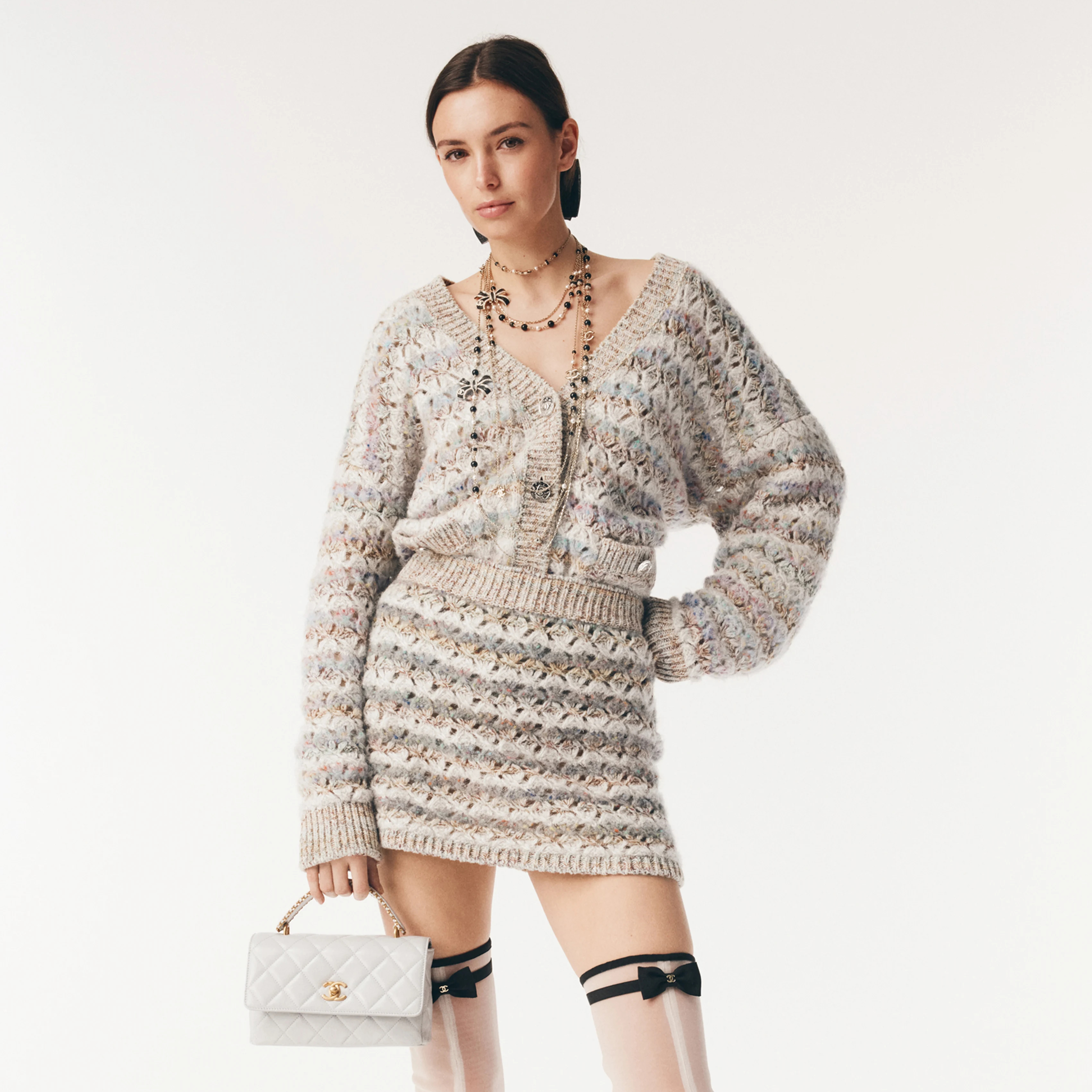 NIGO Chanel Women's Spring/Fall V-Neck Single-Button Hollow Knit Multi-Color Long-Sleeve Cardigan Casual Short Skirt Suit Set Ngvp #nigo2355