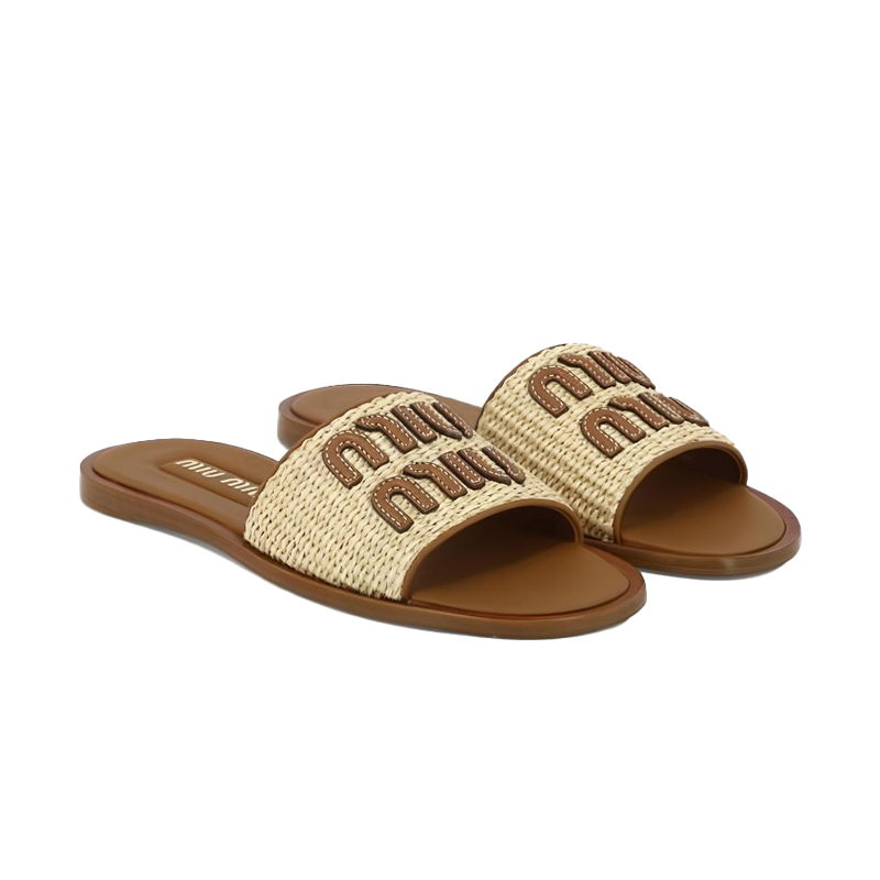 NIGO MiuMiu Women's Spring/Summer/Fall Logo Raffia Woven Leather Flat Sandals Casual Slippers Shoes #nigo81553