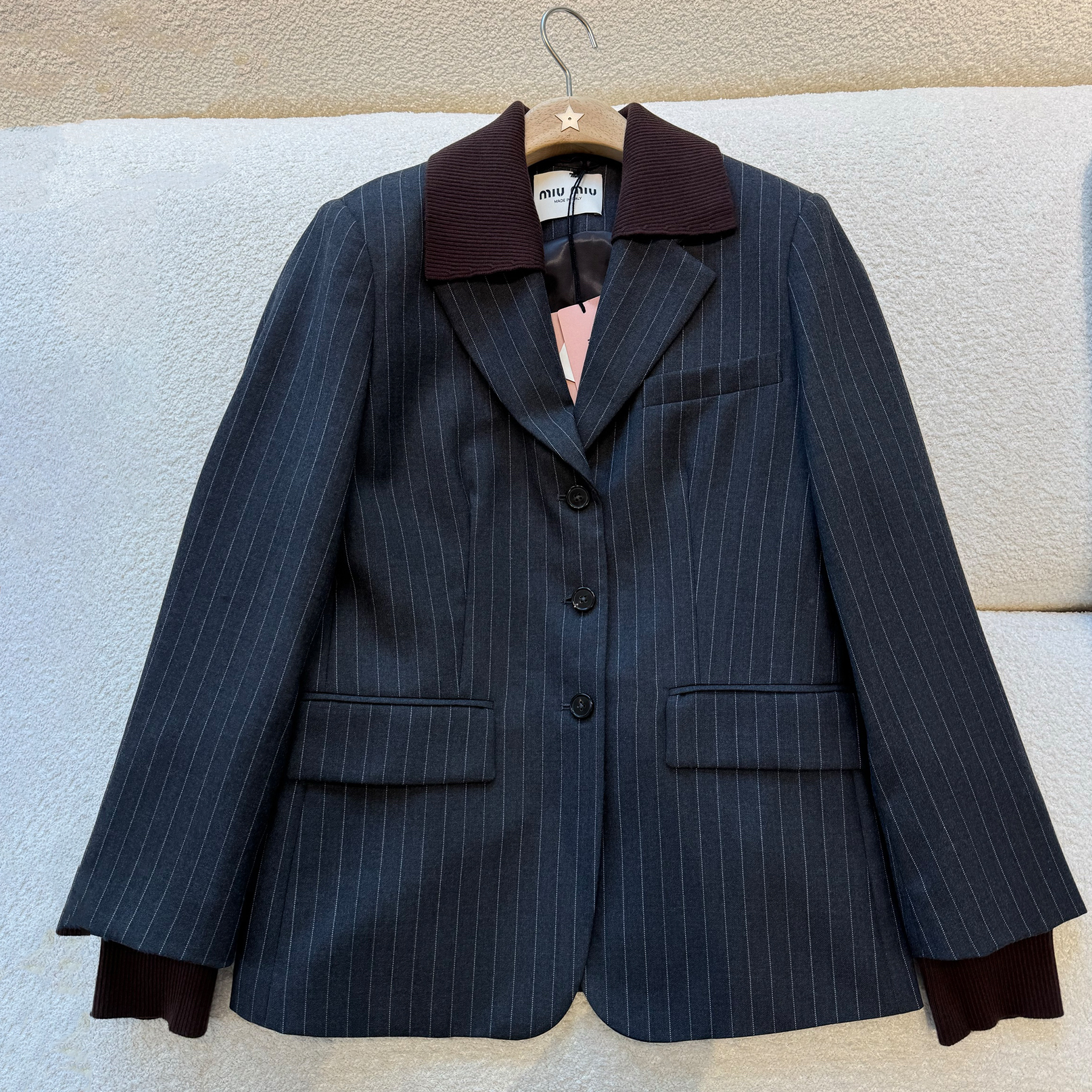 NIGO MiuMiu Women's Fall And Winter Striped Casual Blazer Lapel Single Breasted Jacket Long Casual Straight Wide Leg Pants Suit Set #nigo81627