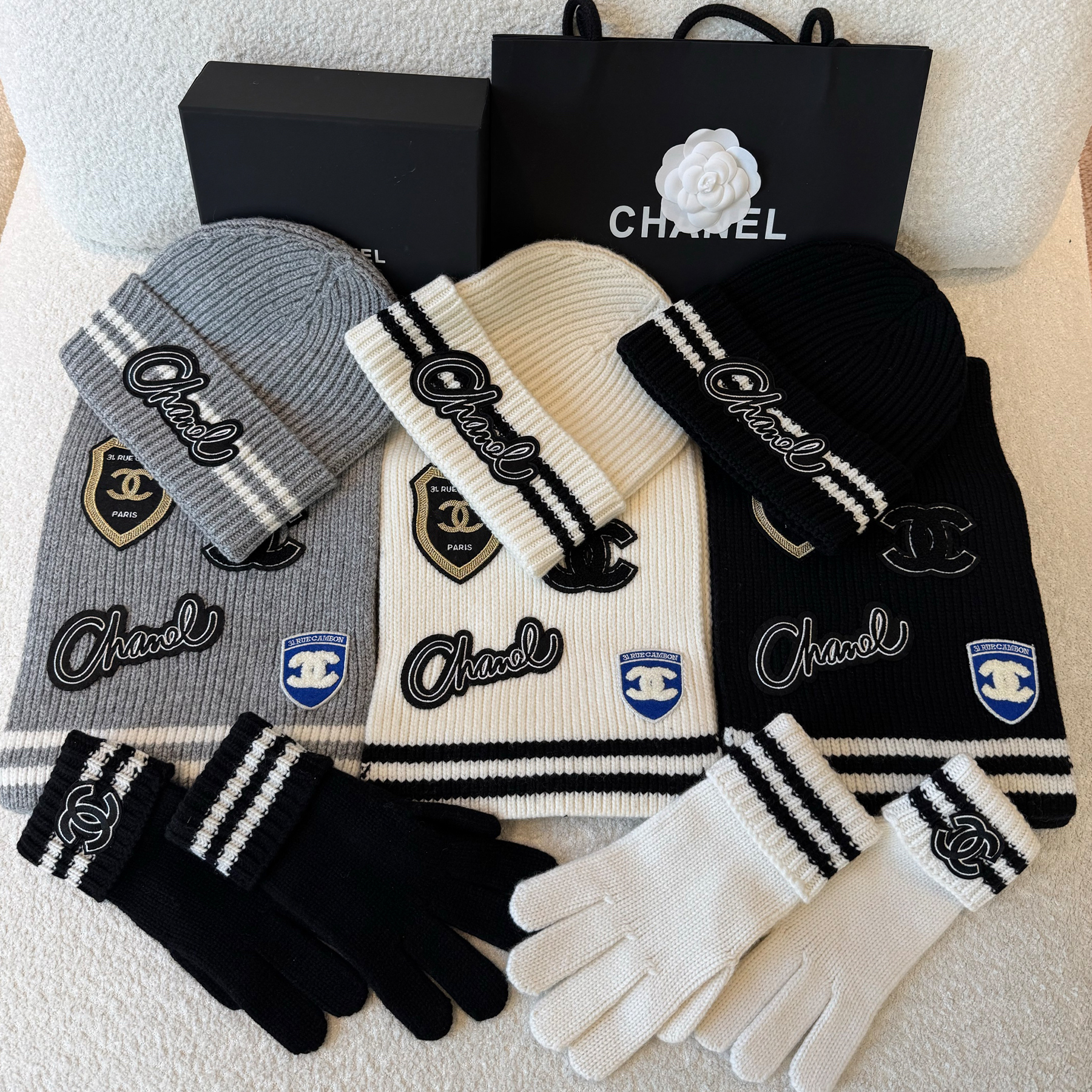 NIGO Chanel Women's Fall And Winter Black And White Gray Temperament Warm Winter Accessories Scarf Hat Gloves Fashion Trend Set #nigo81628