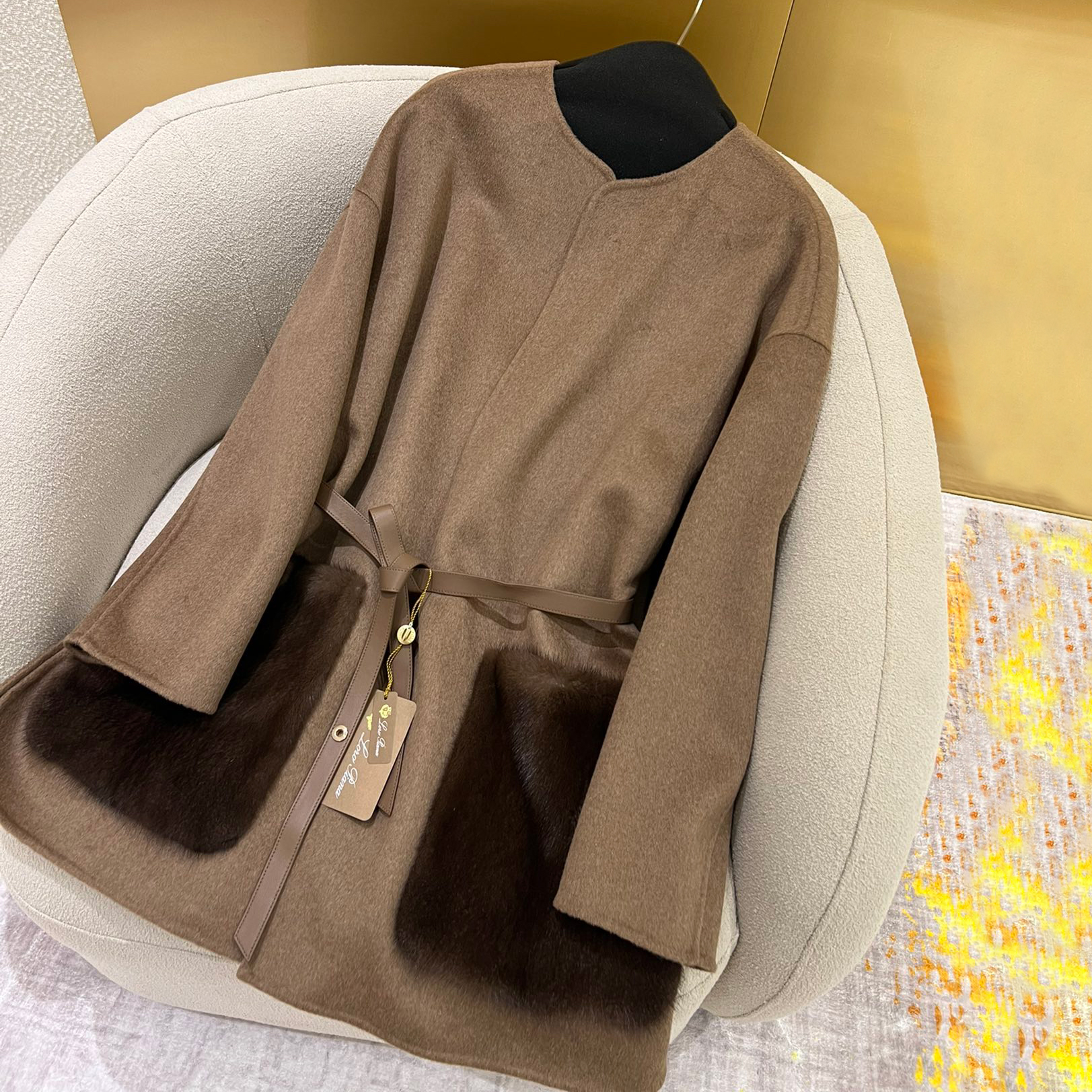 NIGO Loro Piana Women's Winter Classic Fashion Round Neck Single-Breasted Cashmere Mink Coat with Lambskin Belted Jacket #nigo78642