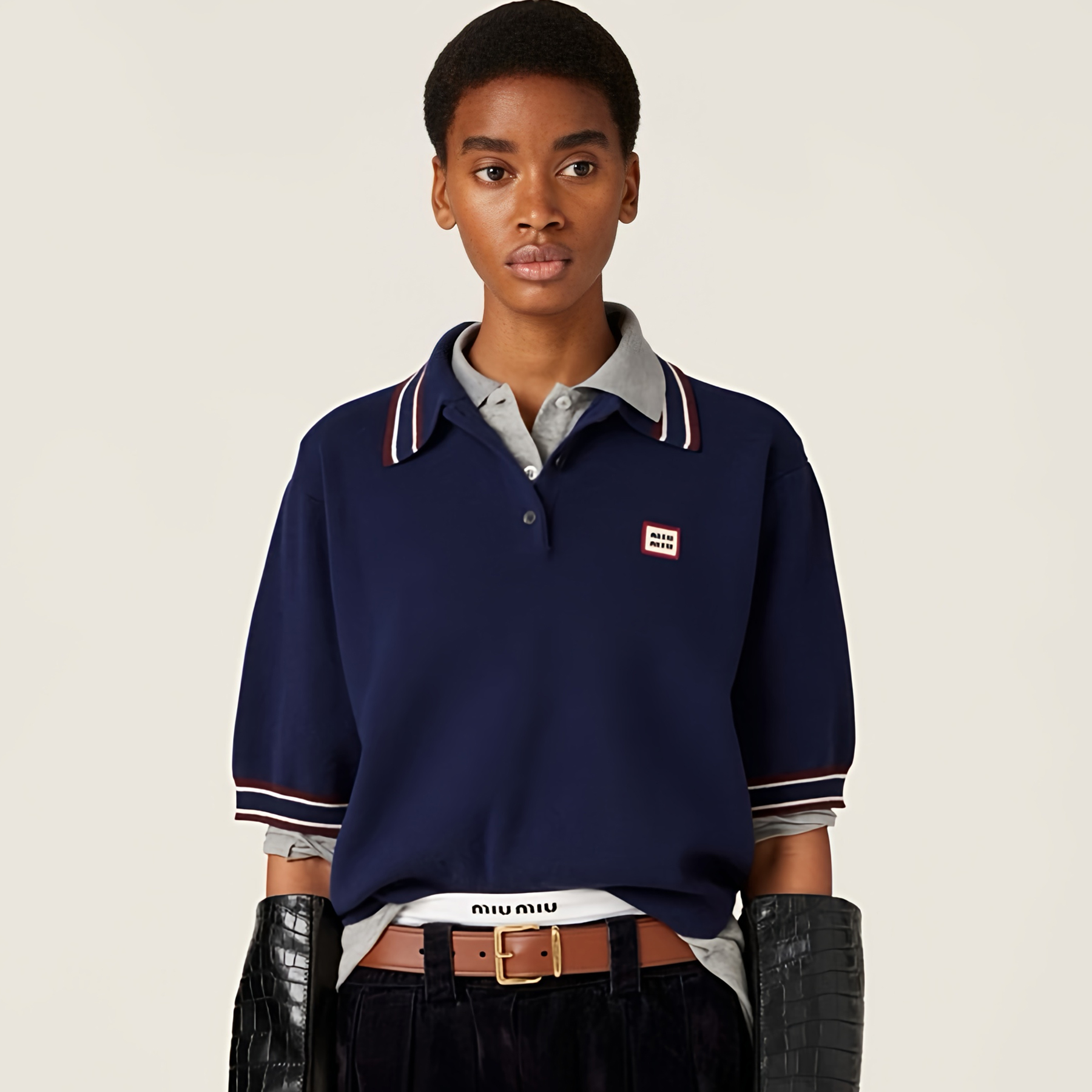 NIGO MiuMiu Women's Spring And Summer Polo Shirt Knitted Fashion Retro Navy Blue Striped Color Blocking Buttons Short Sleeve T-shirt Tops #nigo81641