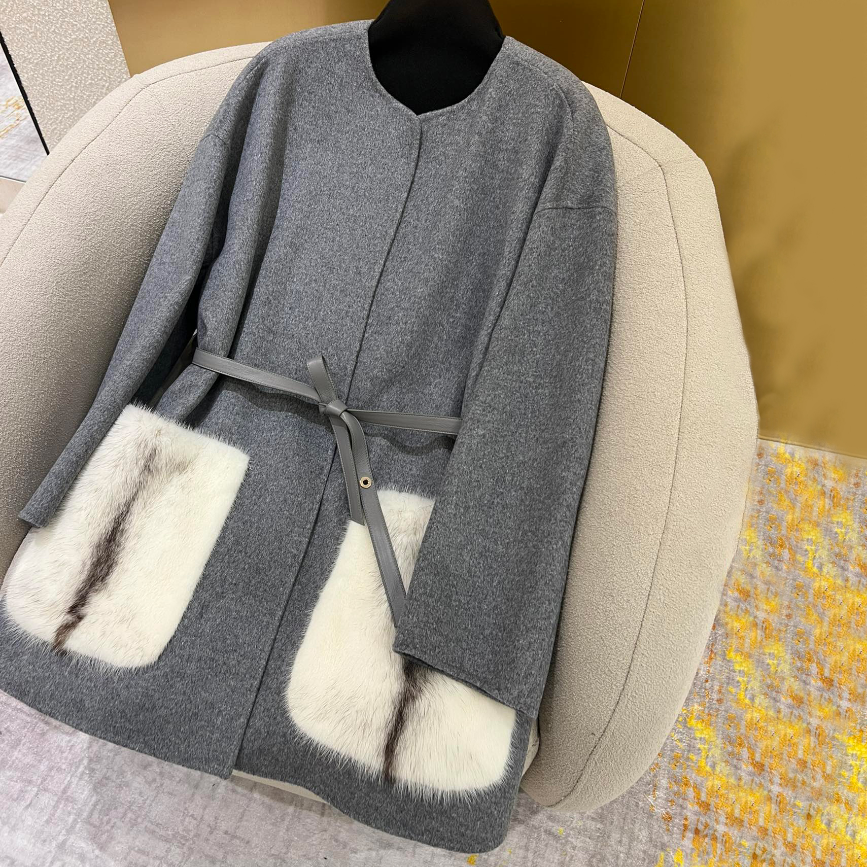 NIGO Loro Piana Women's Winter Classic Fashion Round Neck Single-Breasted Cashmere Mink Coat with Lambskin Belted Jacket #nigo78642