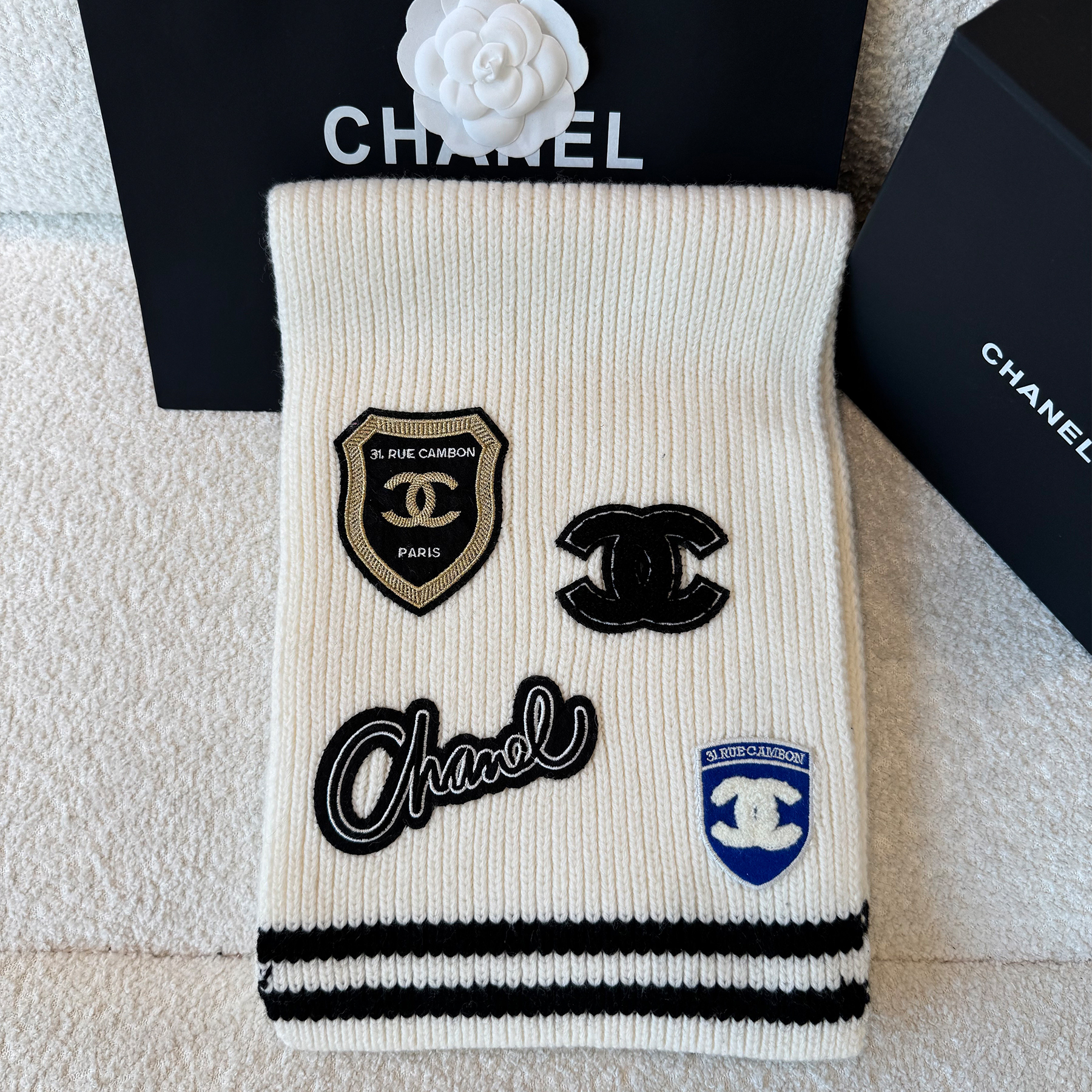NIGO Chanel Women's Fall And Winter Black And White Gray Temperament Warm Winter Accessories Scarf Hat Gloves Fashion Trend Set #nigo81628