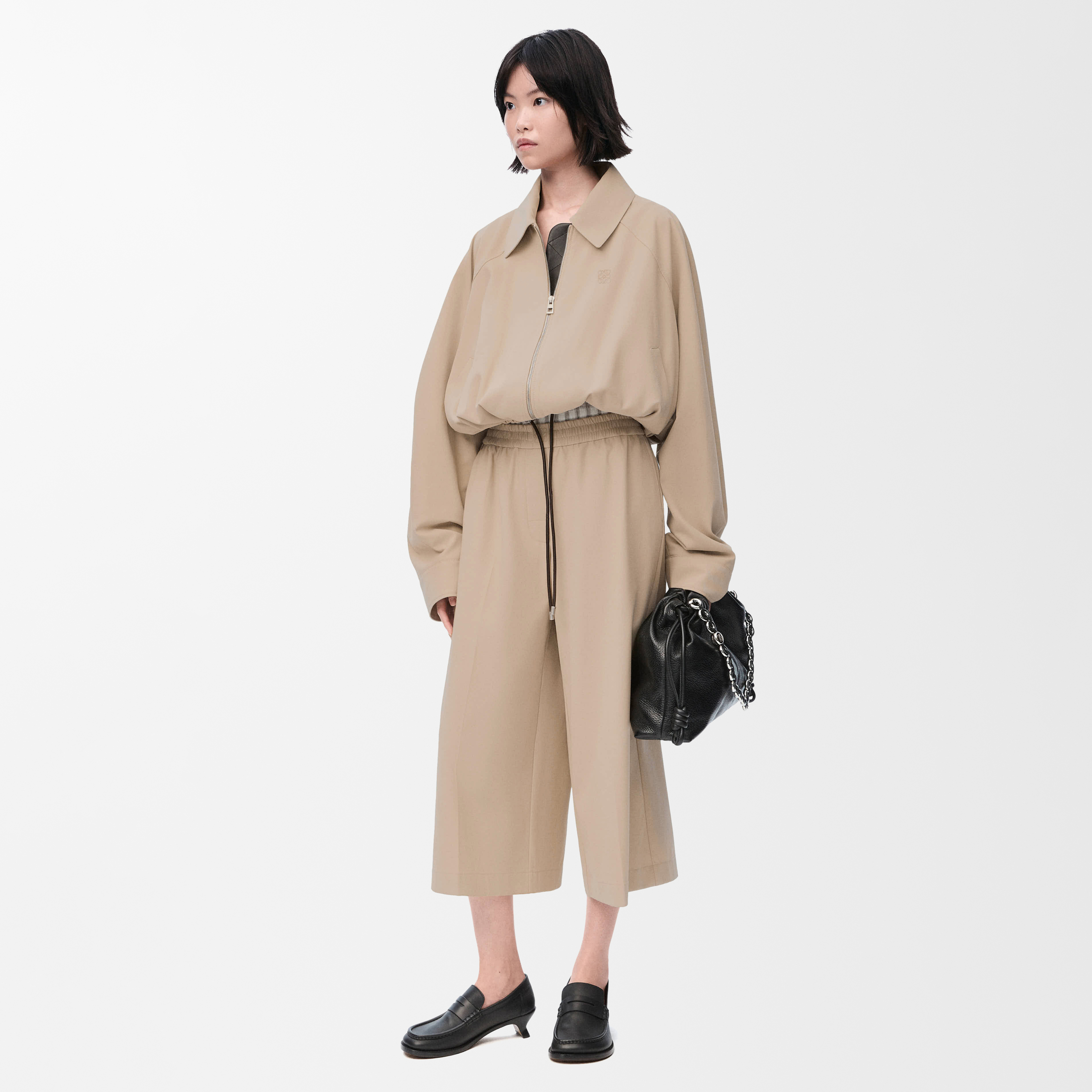 NIGO Loewe Women's Spring/fall Fashion Casual Solid Color Lapel Zipper Short Sleeve Drawstring Jacket With Elastic Waistband Paired With Relaxed Fit Cropped Wide Leg Pants Suit Set #nigo78665