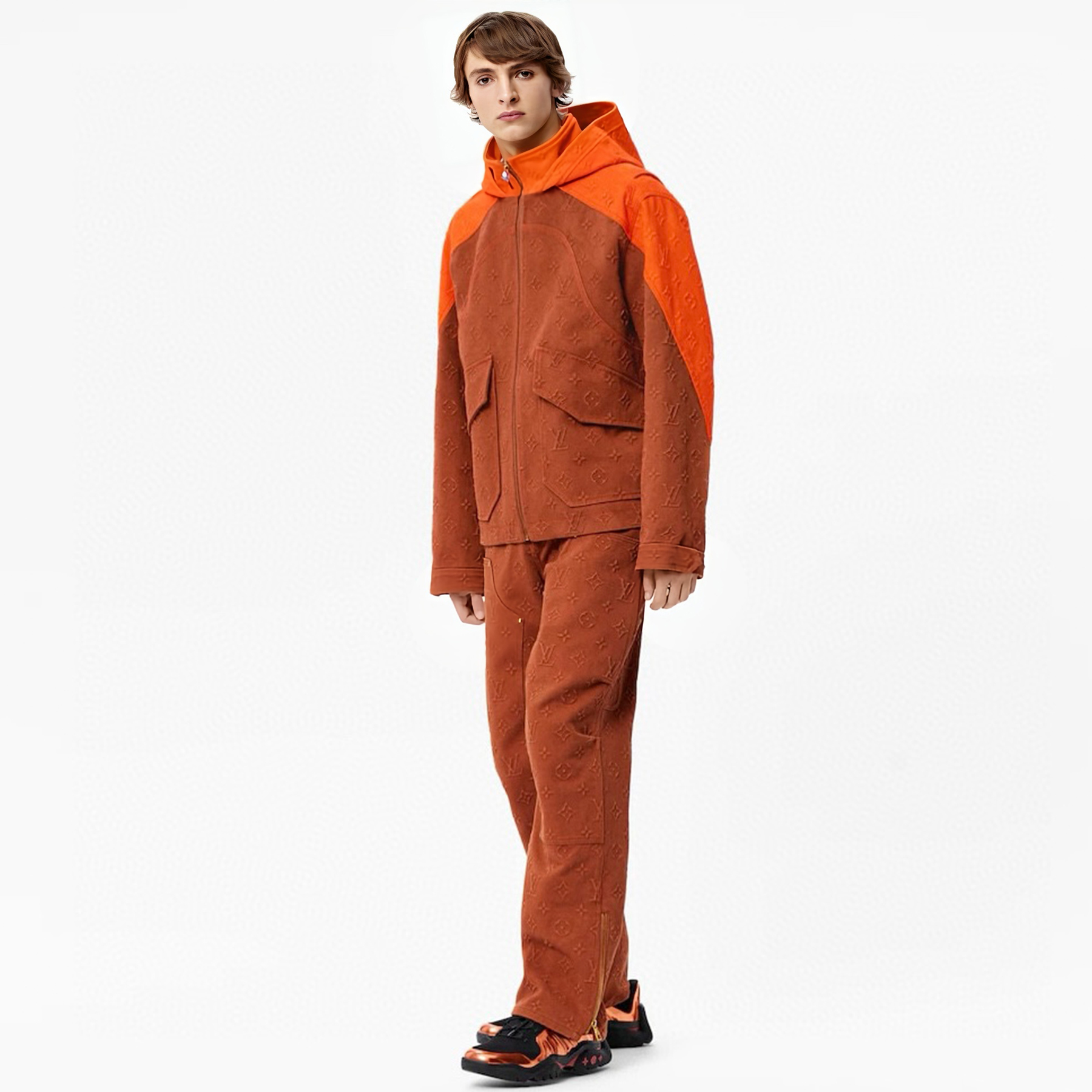 NIGO Louis Vuitton Men's Fall And Winter Embossed Denim Jacket Monogram Pattern Fashion Hooded Zipper Jacket Straight Pants Suit Set #nigo81631