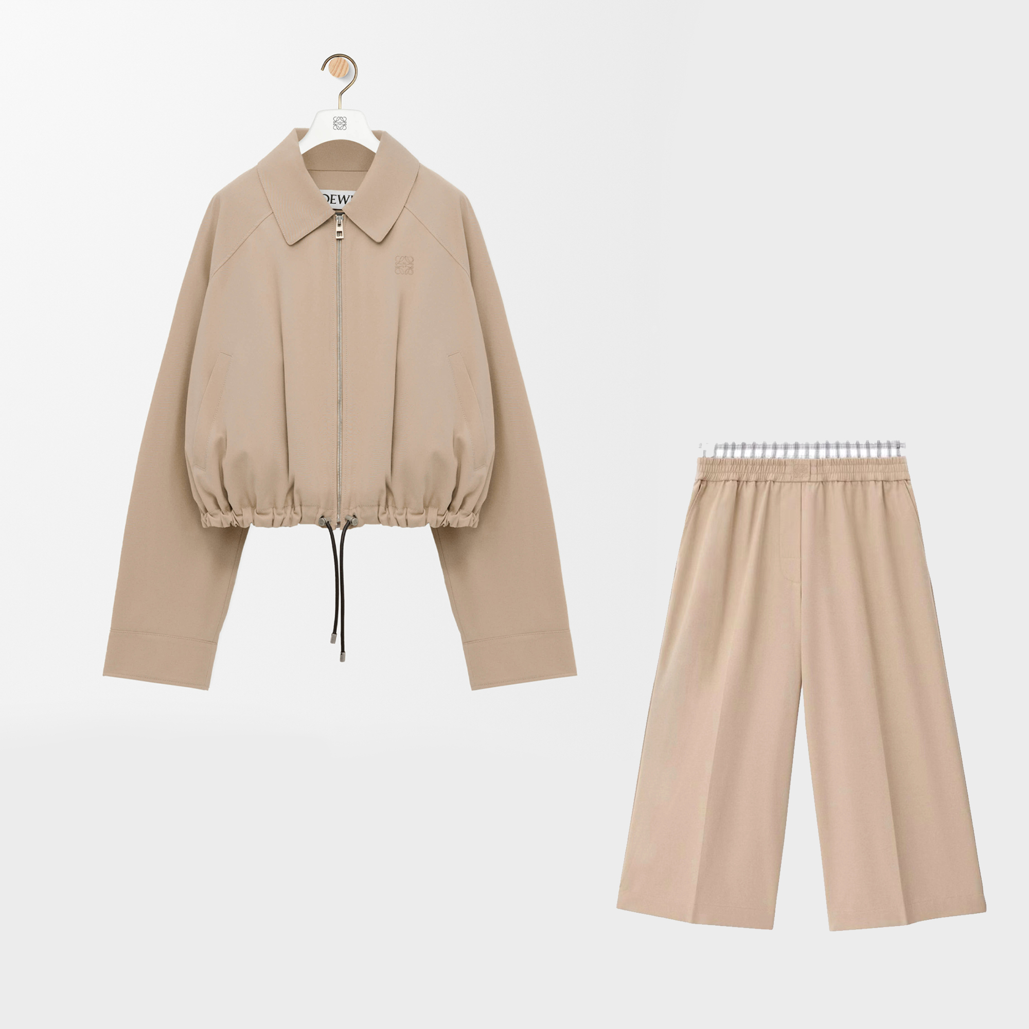NIGO Loewe Women's Spring/fall Fashion Casual Solid Color Lapel Zipper Short Sleeve Drawstring Jacket With Elastic Waistband Paired With Relaxed Fit Cropped Wide Leg Pants Suit Set #nigo78665
