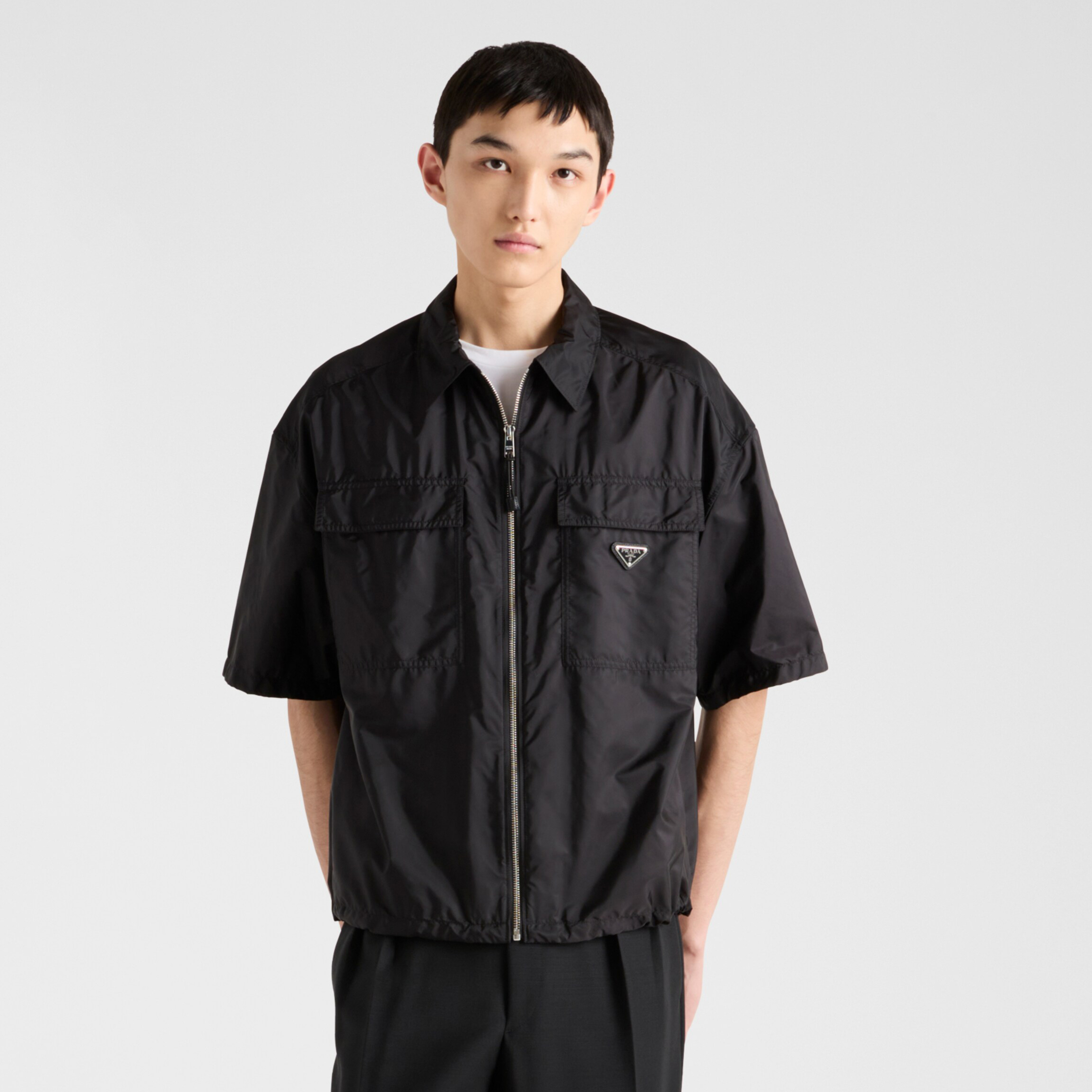 NIGO Prada Men's Summer Fashion Casual Solid Color Collared Zipper Enamel Triangle Metal Logo Short Sleeve Lightweight Re-Nylon Shirt #nigo78671