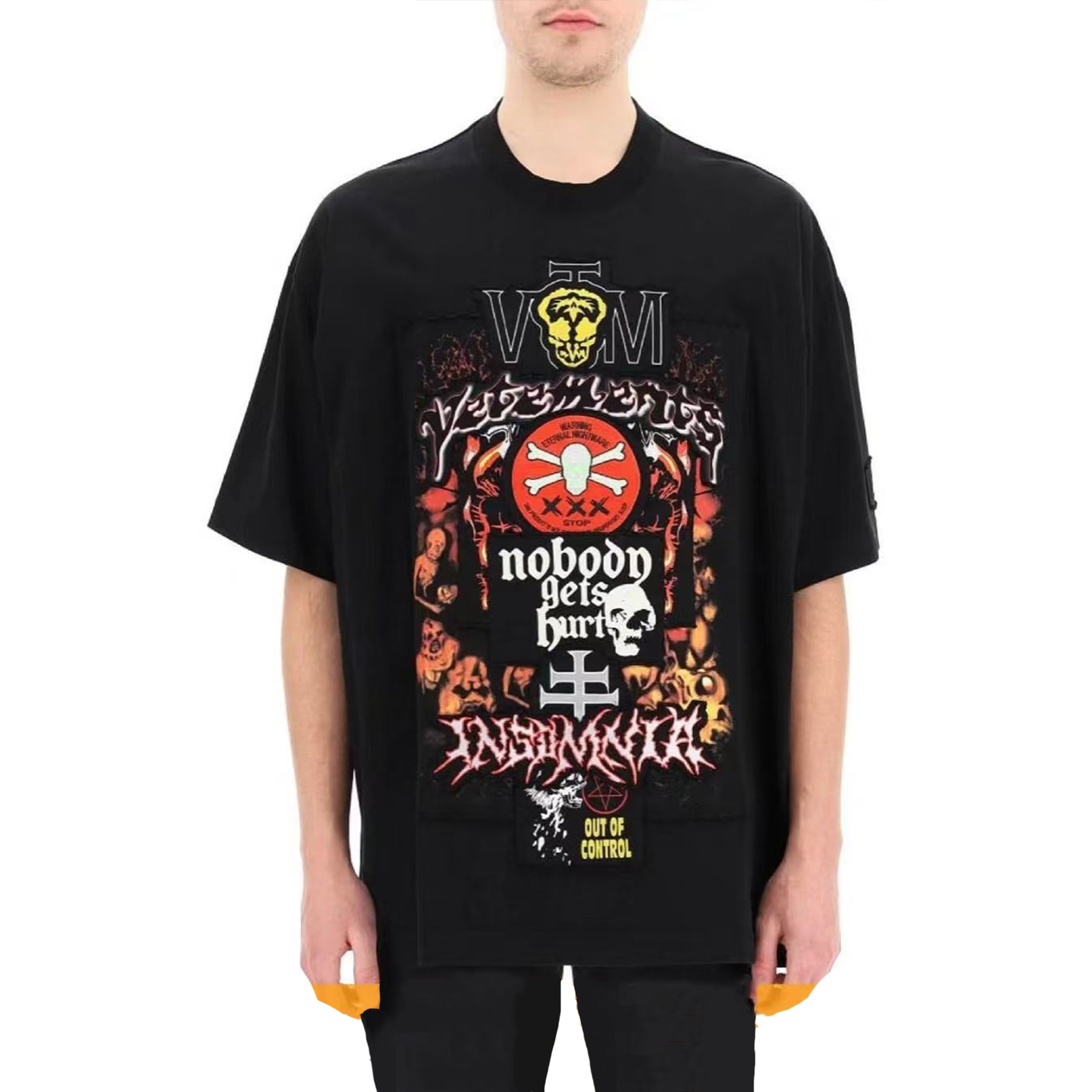 NIGO Vetements Men's Spring And Summer Skull Letters Printed Patch T-shirt Fashion Trend High Street Retro Black Loose T-shirt Ngvp #nigo2455
