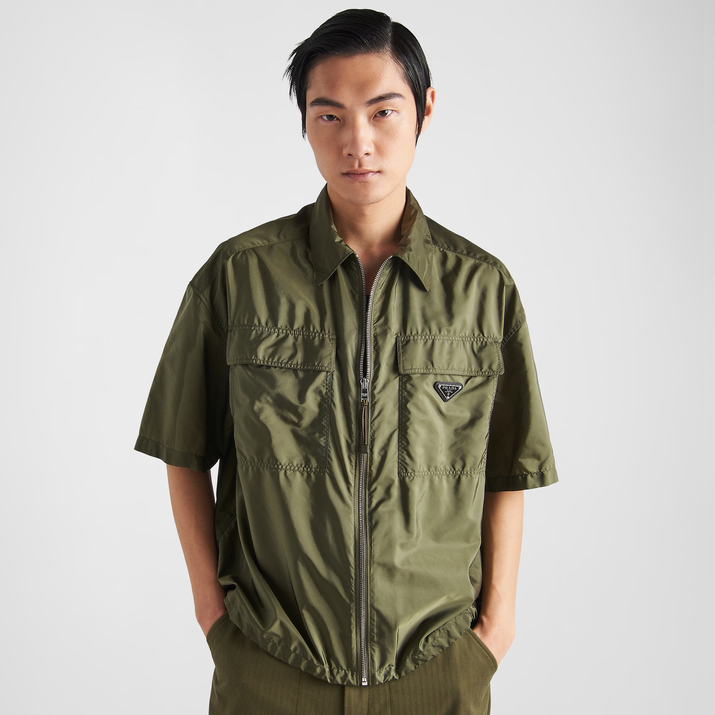 NIGO Prada Men's Summer Fashion Casual Solid Color Collared Zipper Enamel Triangle Metal Logo Short Sleeve Lightweight Re-Nylon Shirt #nigo78671