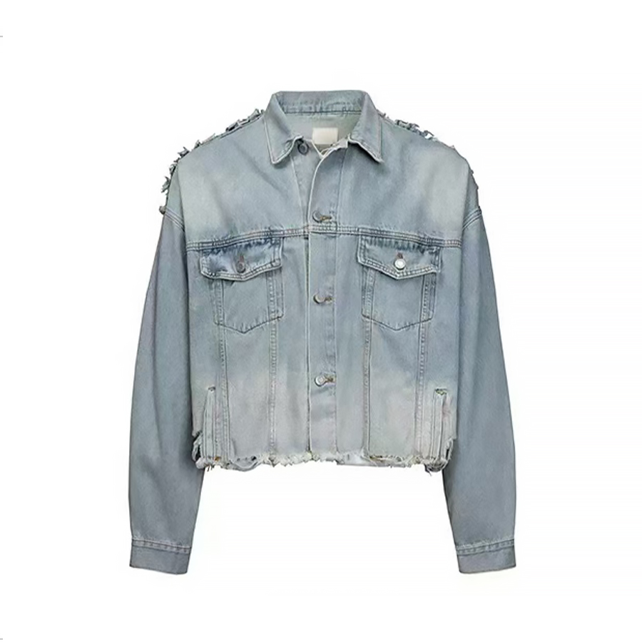NIGO Balenciaga Women's Vintage Deconstructed Distressed Fringe Washed Solid Color Collared Single-Breasted Denim Jacket Ngvp #nigo2366