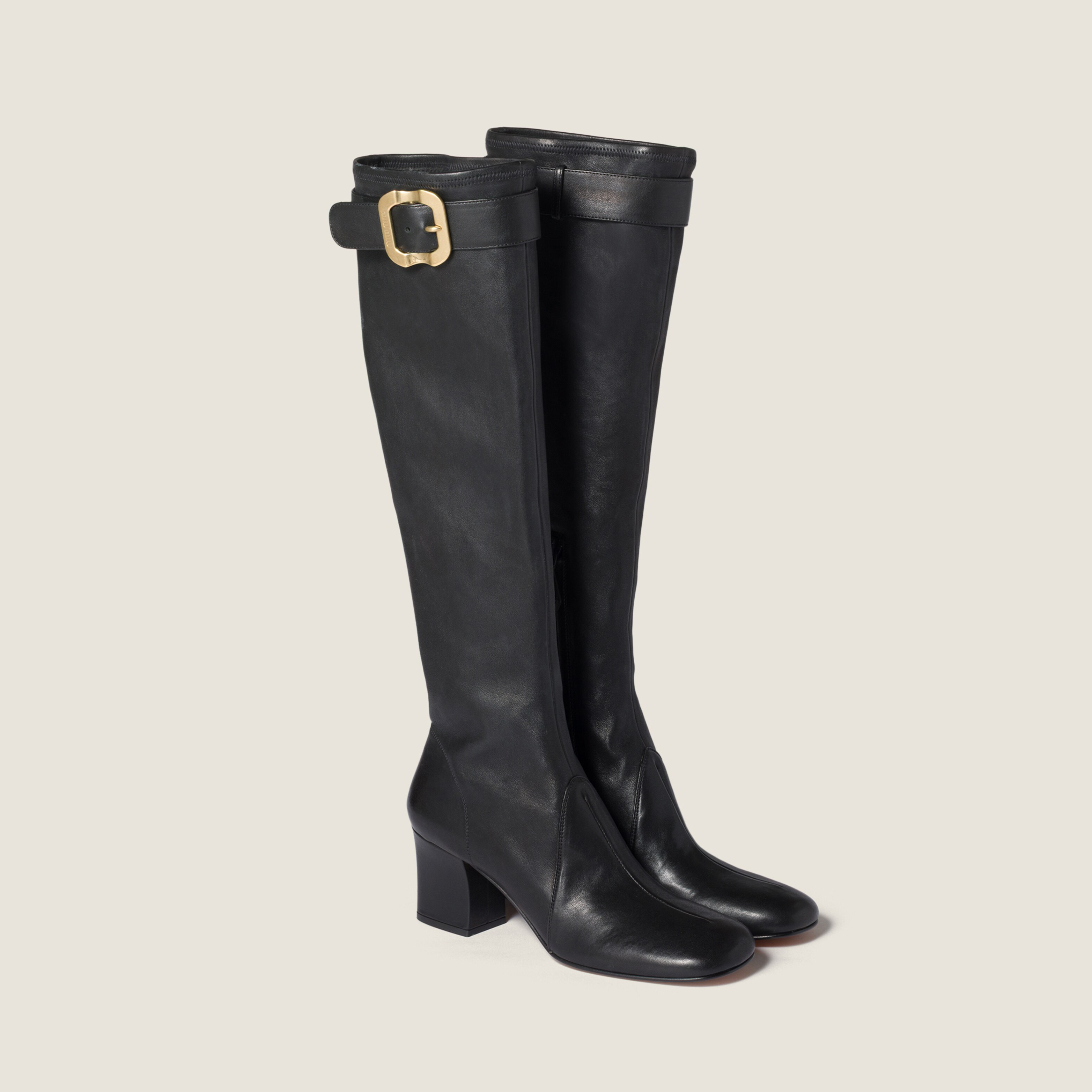 NIGO MiuMiu Women's Spring/Fall Fashion Classic Round Toe Cuffed Chunky Heel Solid Color Leather Long Boots Shoes#nigo78718