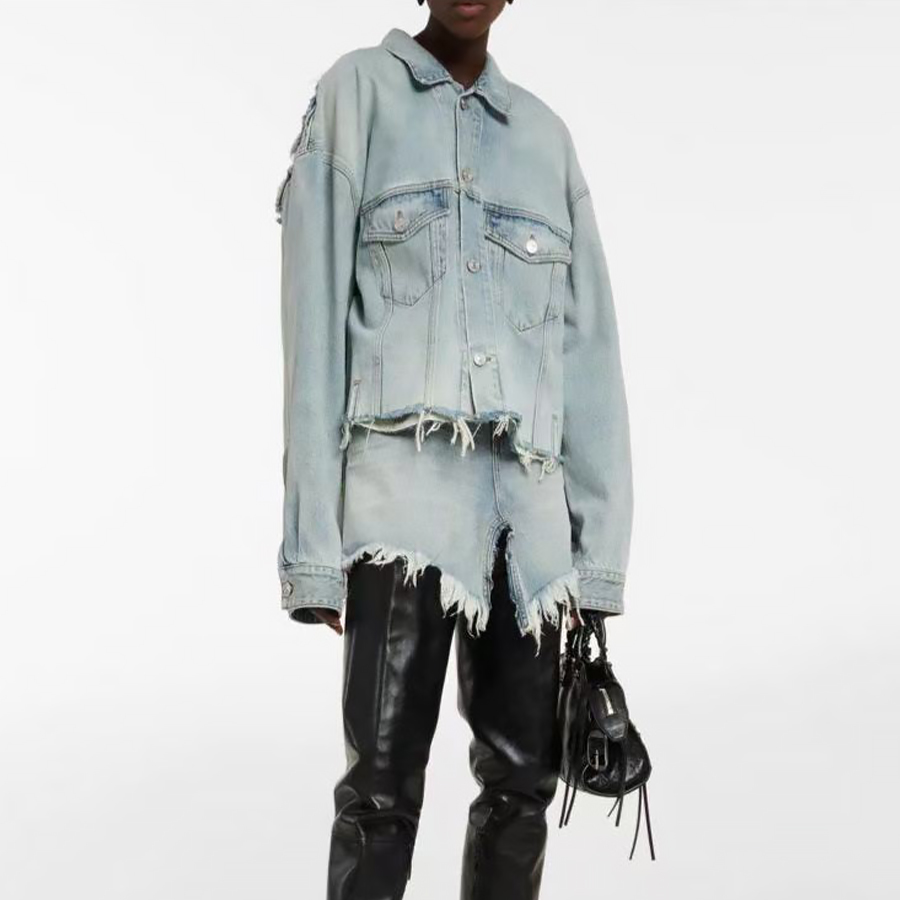 NIGO Balenciaga Women's Vintage Deconstructed Distressed Fringe Washed Solid Color Collared Single-Breasted Denim Jacket Ngvp #nigo2366
