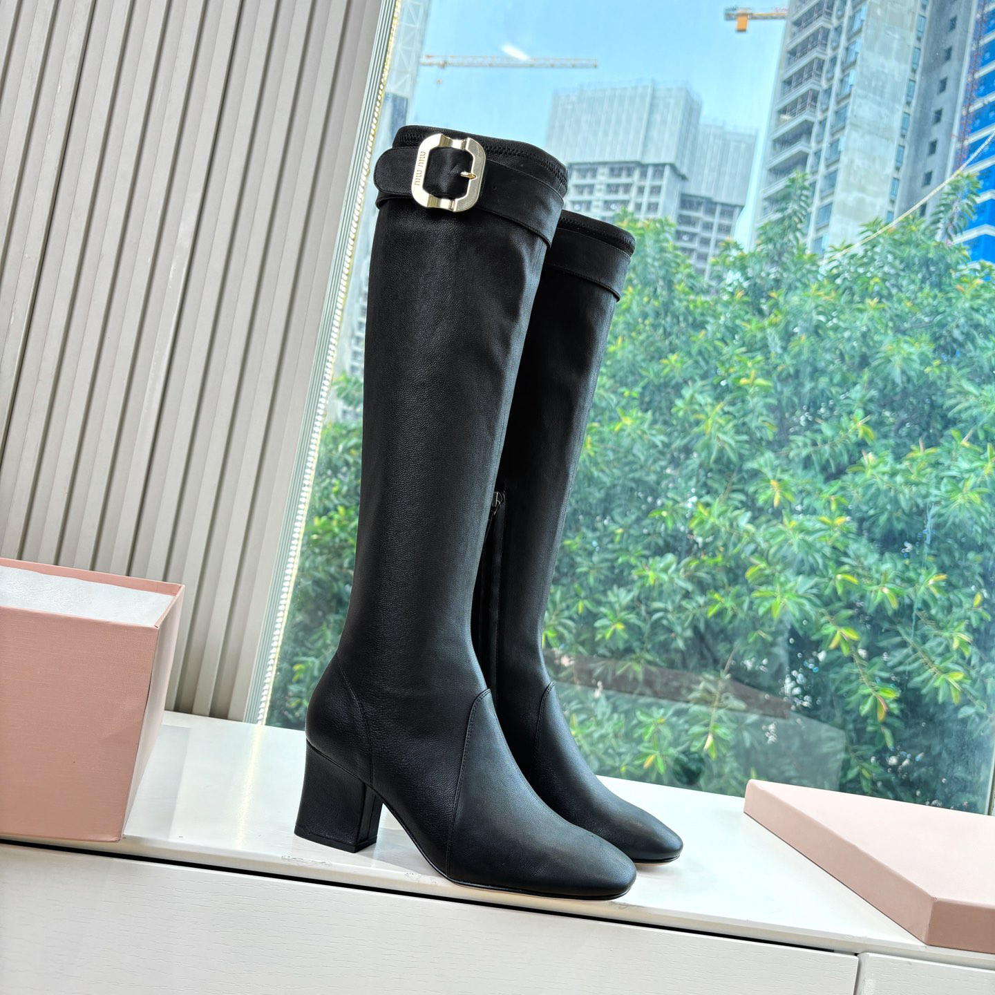 NIGO MiuMiu Women's Spring/Fall Fashion Classic Round Toe Cuffed Chunky Heel Solid Color Leather Long Boots Shoes#nigo78718