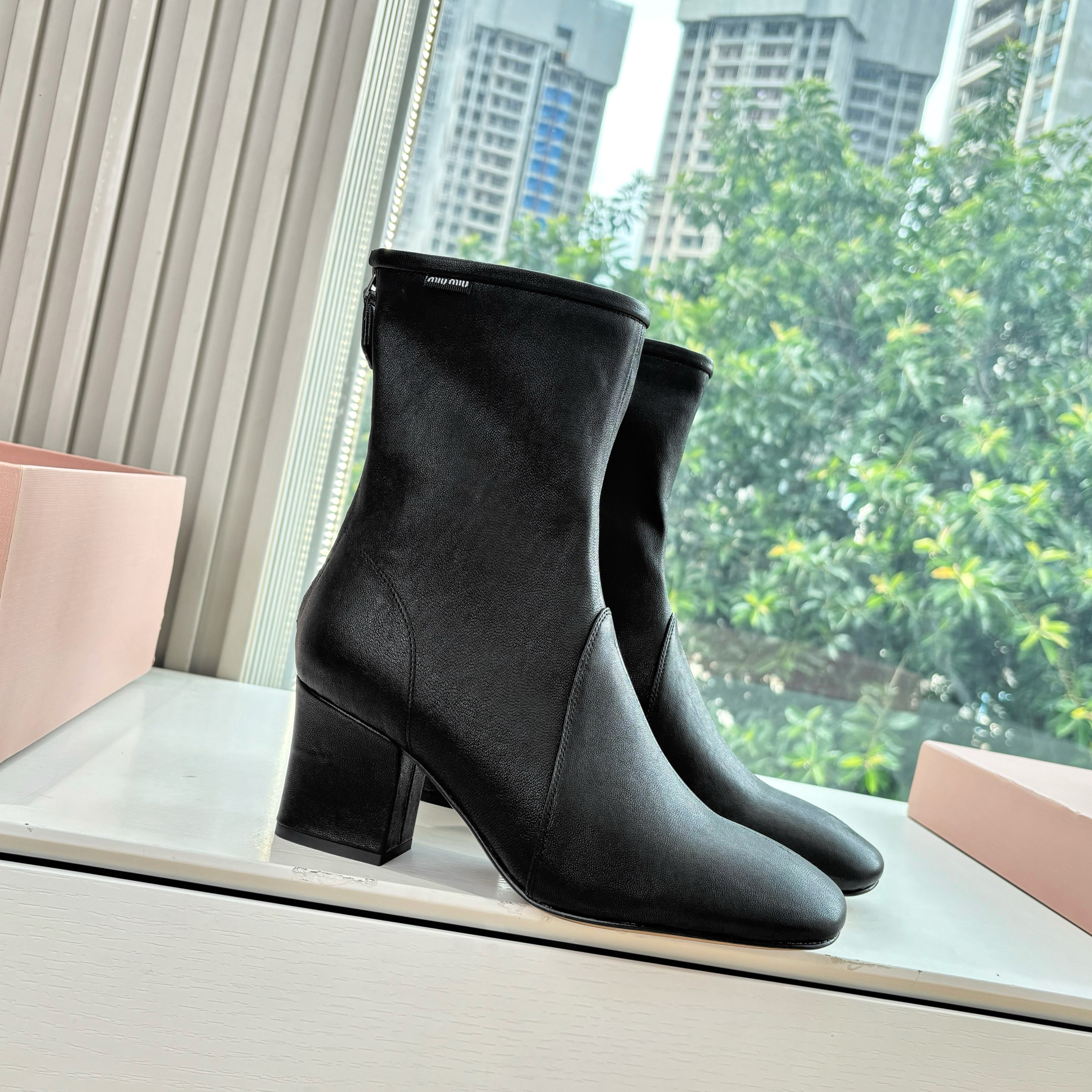 NIGO MiuMiu Nappa Women's Spring/Fall Fashion Casual Chunky Heel Leather Round Toe Slip On Zipper Ankle Boots Shoes #nigo78717