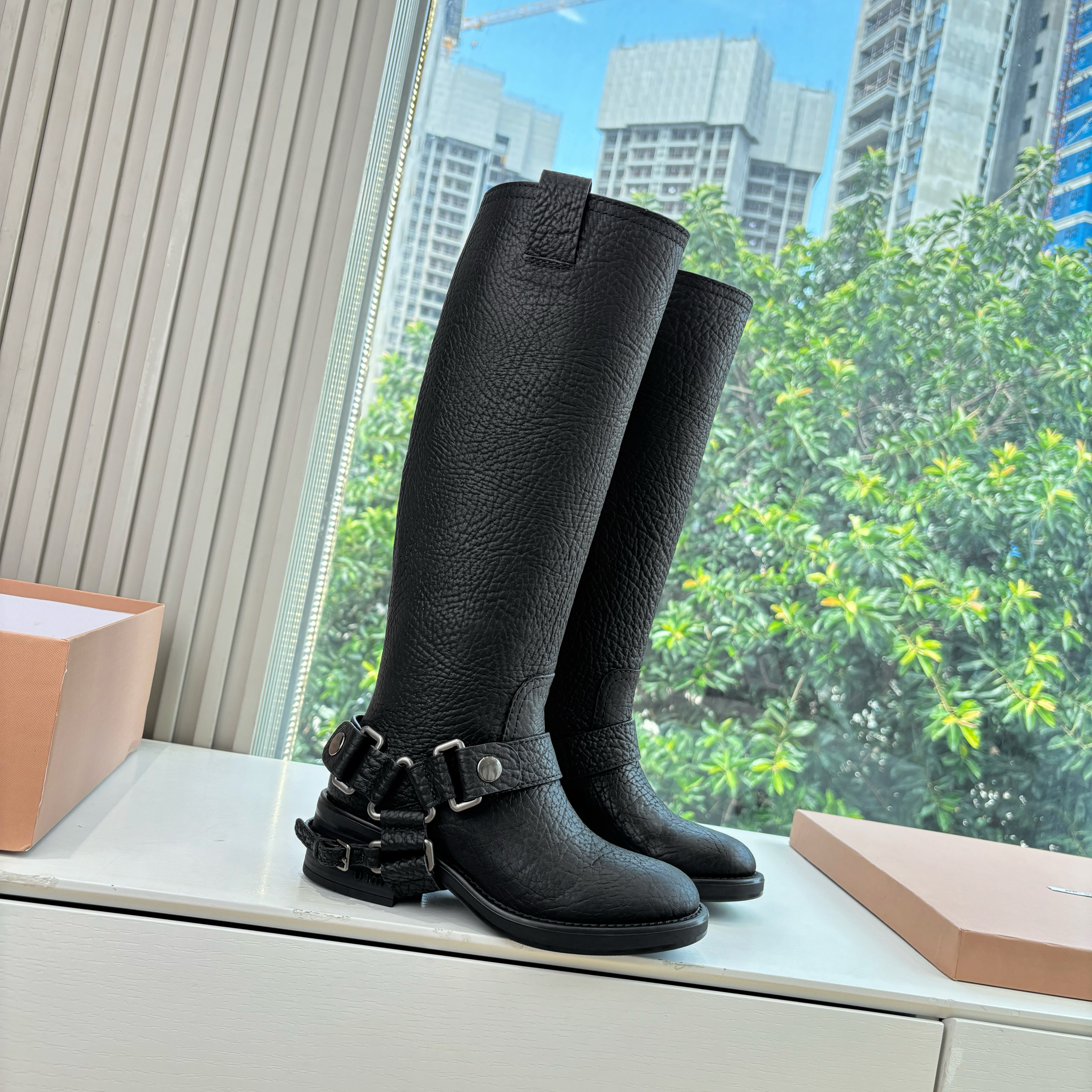 NIGO MiuMiu Women's Fall/Winter Classic Solid-Color Leather Biker-Style Long Boots Retro Rider Long Boots Shoes #nigo78721