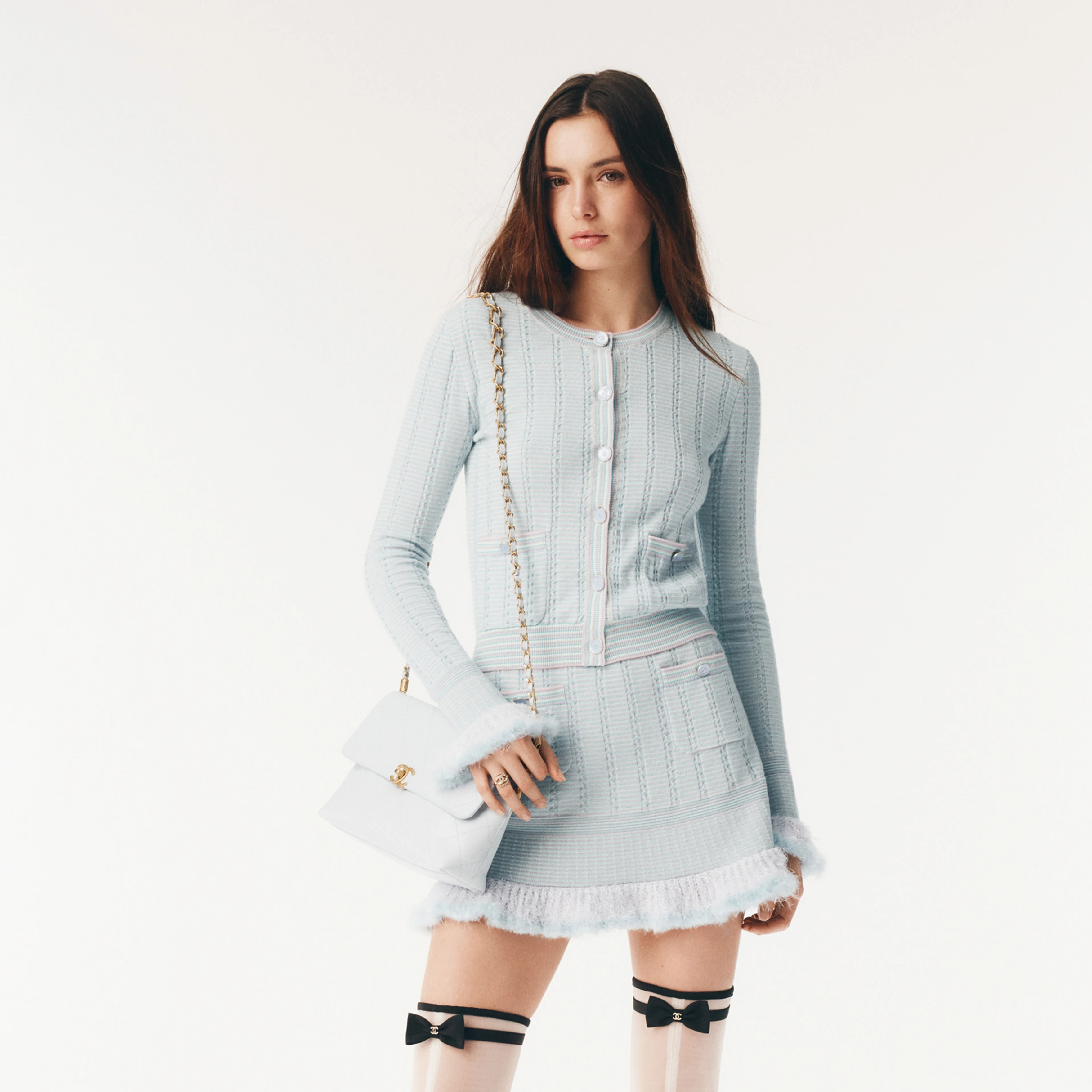 NIGO Chanel Women's Spring/Fall Color-Block Fringe-Hem Cashmere-Cotton Blend Crewneck Single-Button Long-Sleeve Knit Cardigan High-Street Stretch Short-Length Skirt Ngvp #nigo2338