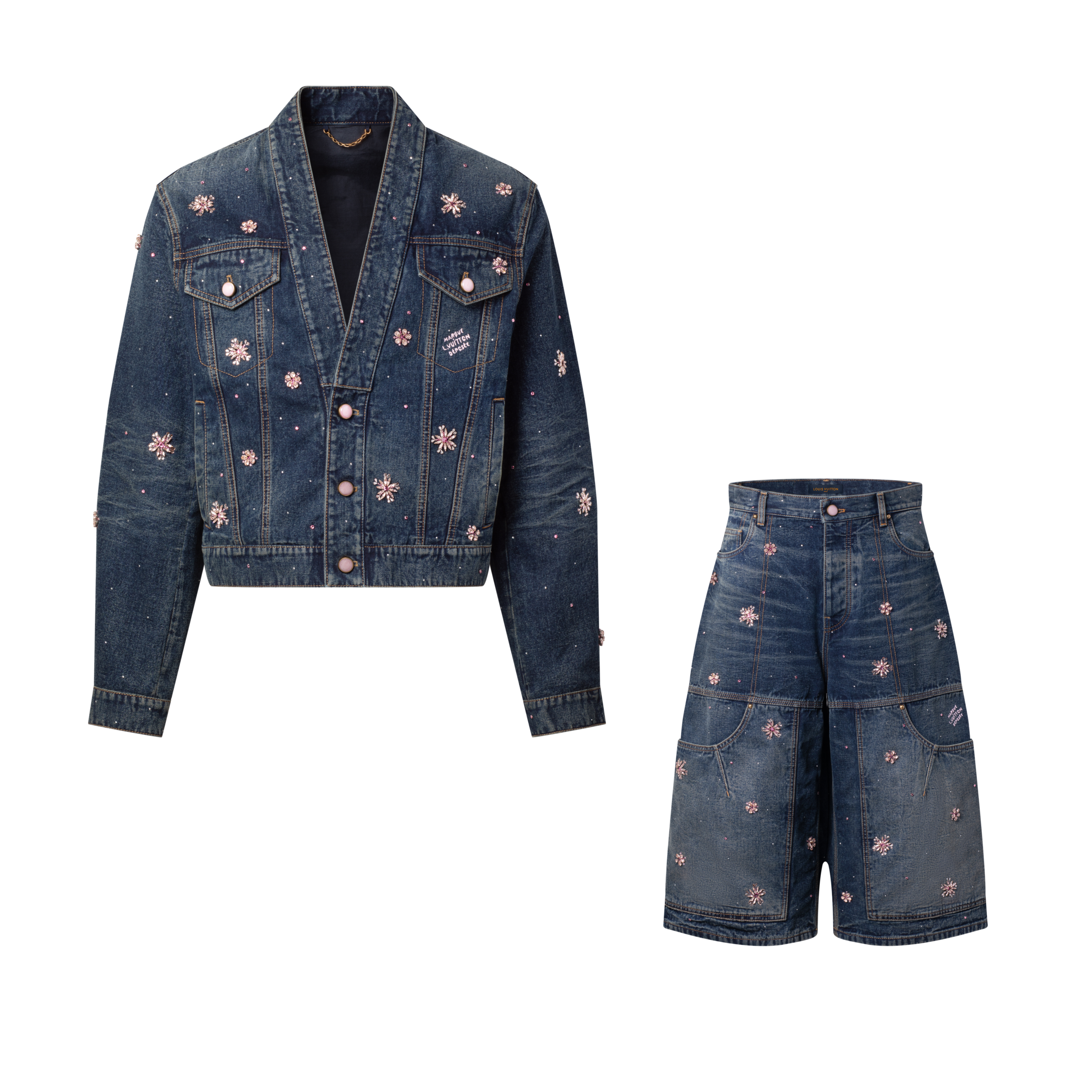 NIGO Louis Vuitton Men's and Women's Fashion Casual V Neck Embroidered Kimono Style Long Sleeve Denim Jacket  Embroidered Workwear Denim Shorts Suit Set #nigo78735
