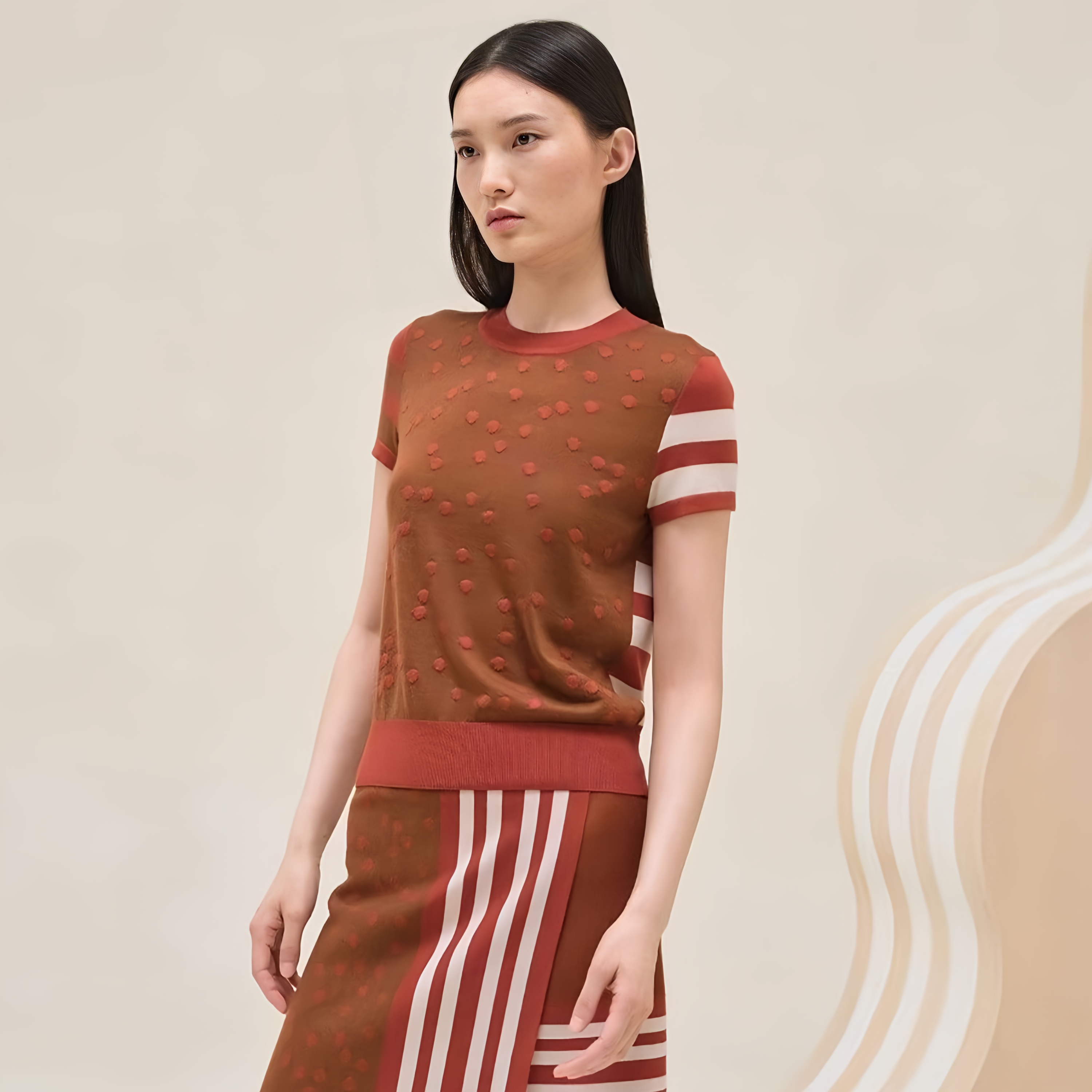 NIGO Hermes Women's Spring And Summer Cashmere Knitted T-shirt Round Neck Short-sleeved Color Collision Striped Polka Dot Short Knitted Sweater Bottoming Sweater Ngvp #nigo2473