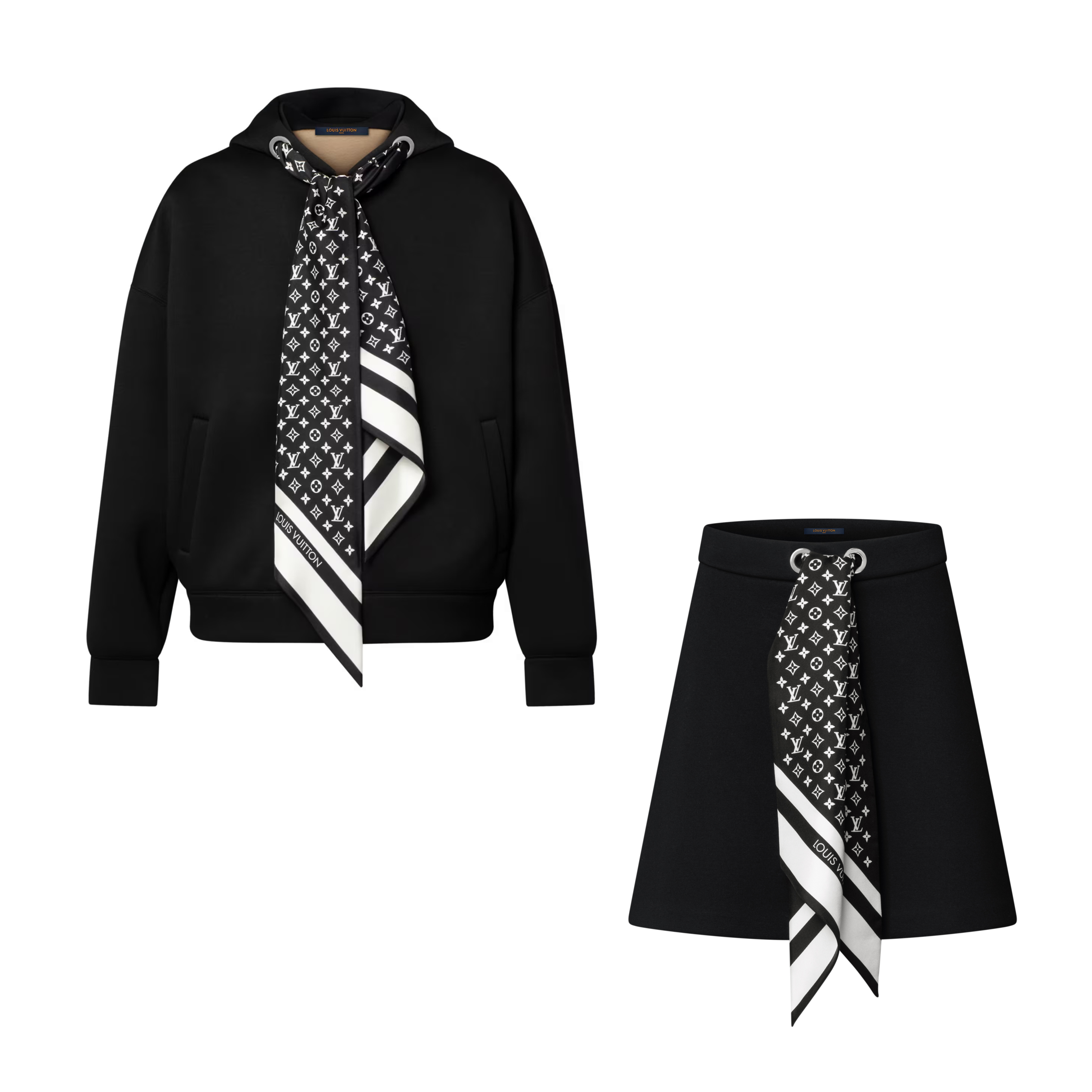 NIGO Louis Vuitton MONOGRAM Women's Fall/Winter Fashion Casual Silk Scarf Zipper Hooded Long Sleeve Sweatshirt with Mini Flared Casual Skirt Suit Set #nigo78752