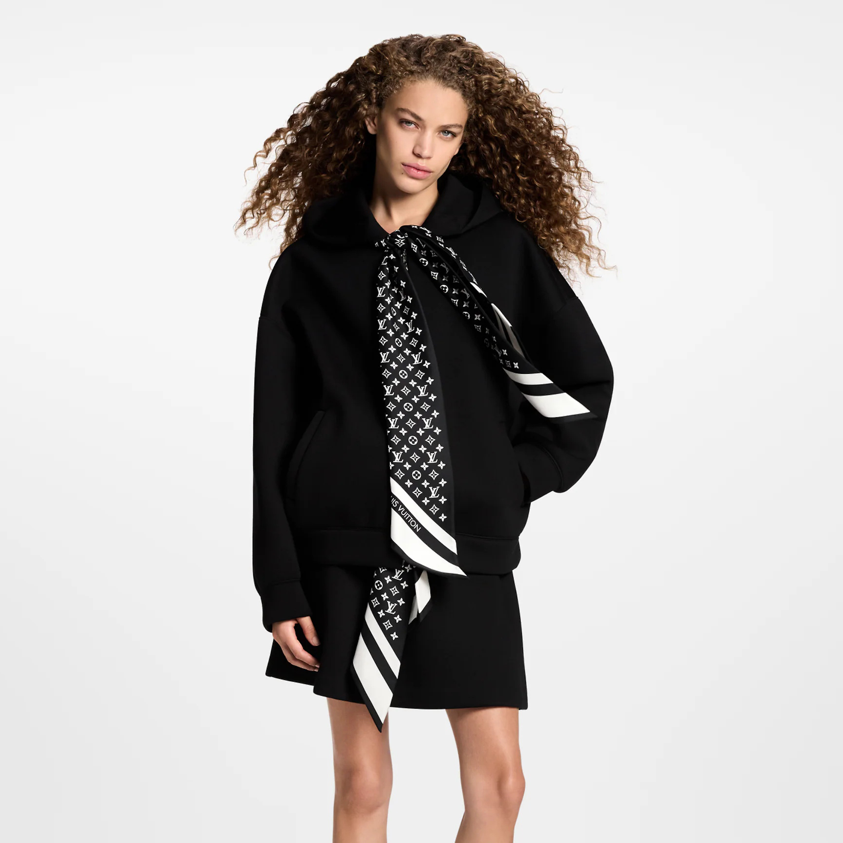 NIGO Louis Vuitton MONOGRAM Women's Fall/Winter Fashion Casual Silk Scarf Zipper Hooded Long Sleeve Sweatshirt with Mini Flared Casual Skirt Suit Set #nigo78752