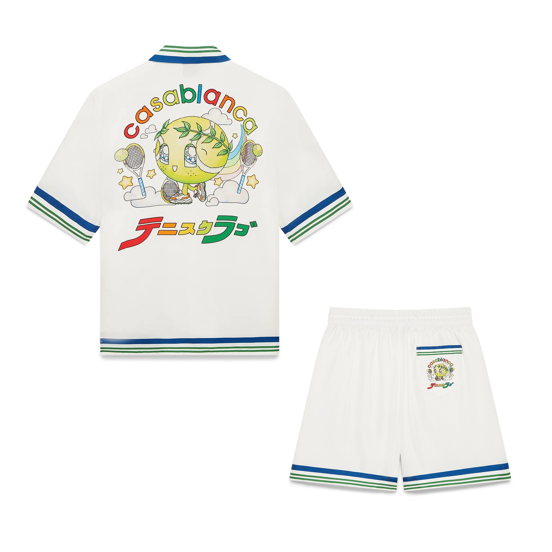 NIGO Casablanca Men's Summer Fashion Casual Doll Print Tennis Pattern Collared Single Breasted Short Sleeve Silk Shirt with Waist Elastic Silk Shorts Suit Set #nigo78746