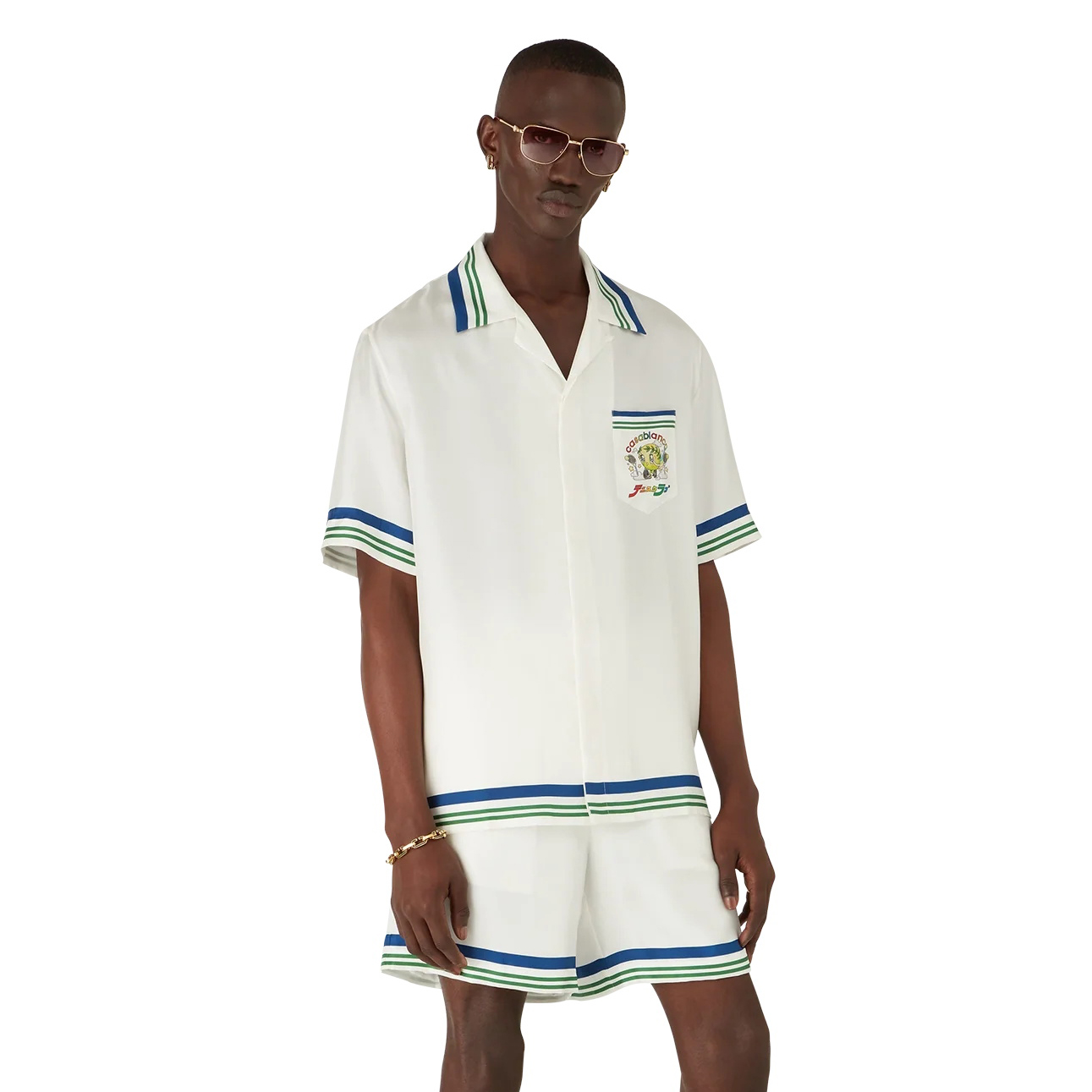 NIGO Casablanca Men's Summer Fashion Casual Doll Print Tennis Pattern Collared Single Breasted Short Sleeve Silk Shirt with Waist Elastic Silk Shorts Suit Set #nigo78746