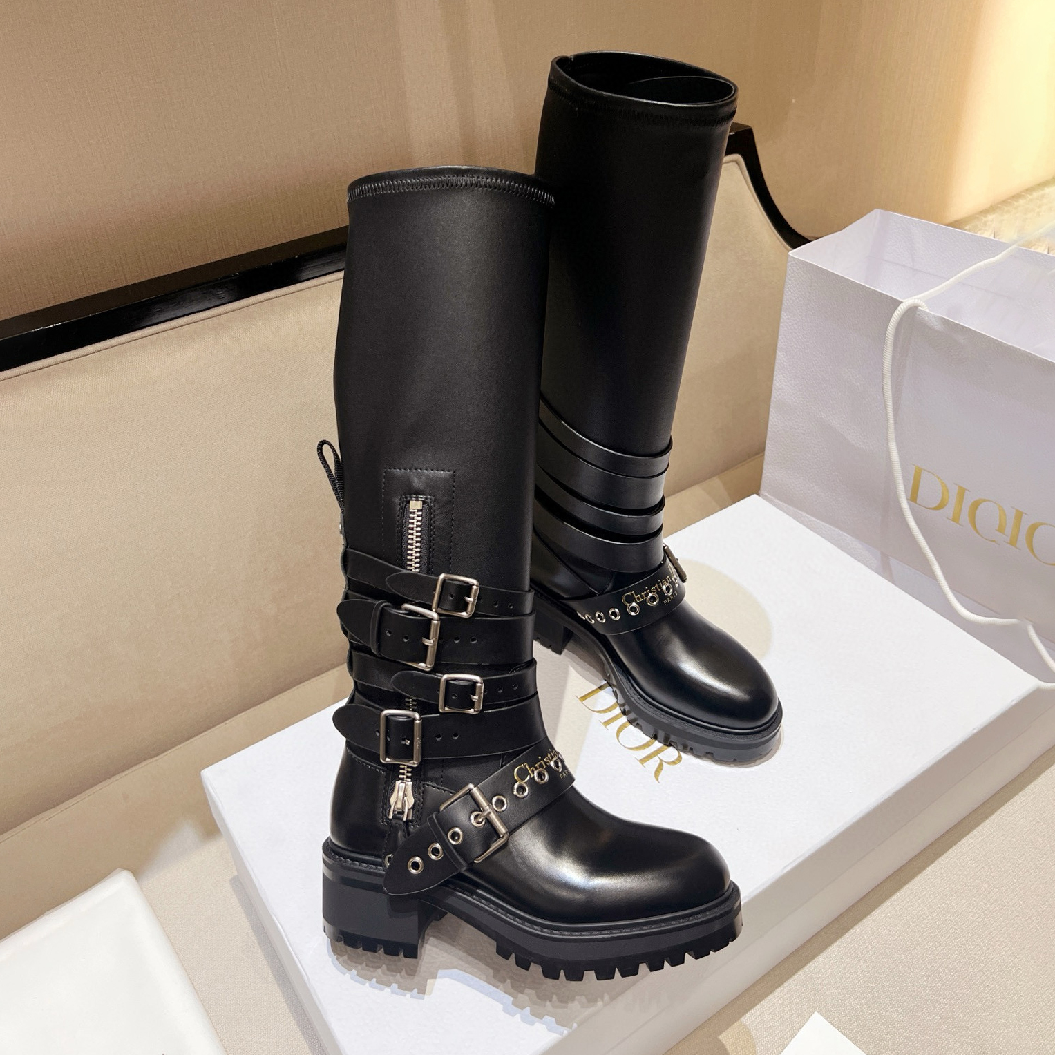NIGO Dior D-Fight Women's Classic Trendy Round-Toe Zipper Chunky Heel Leather Knee-High Boots Shoes #nigo78765