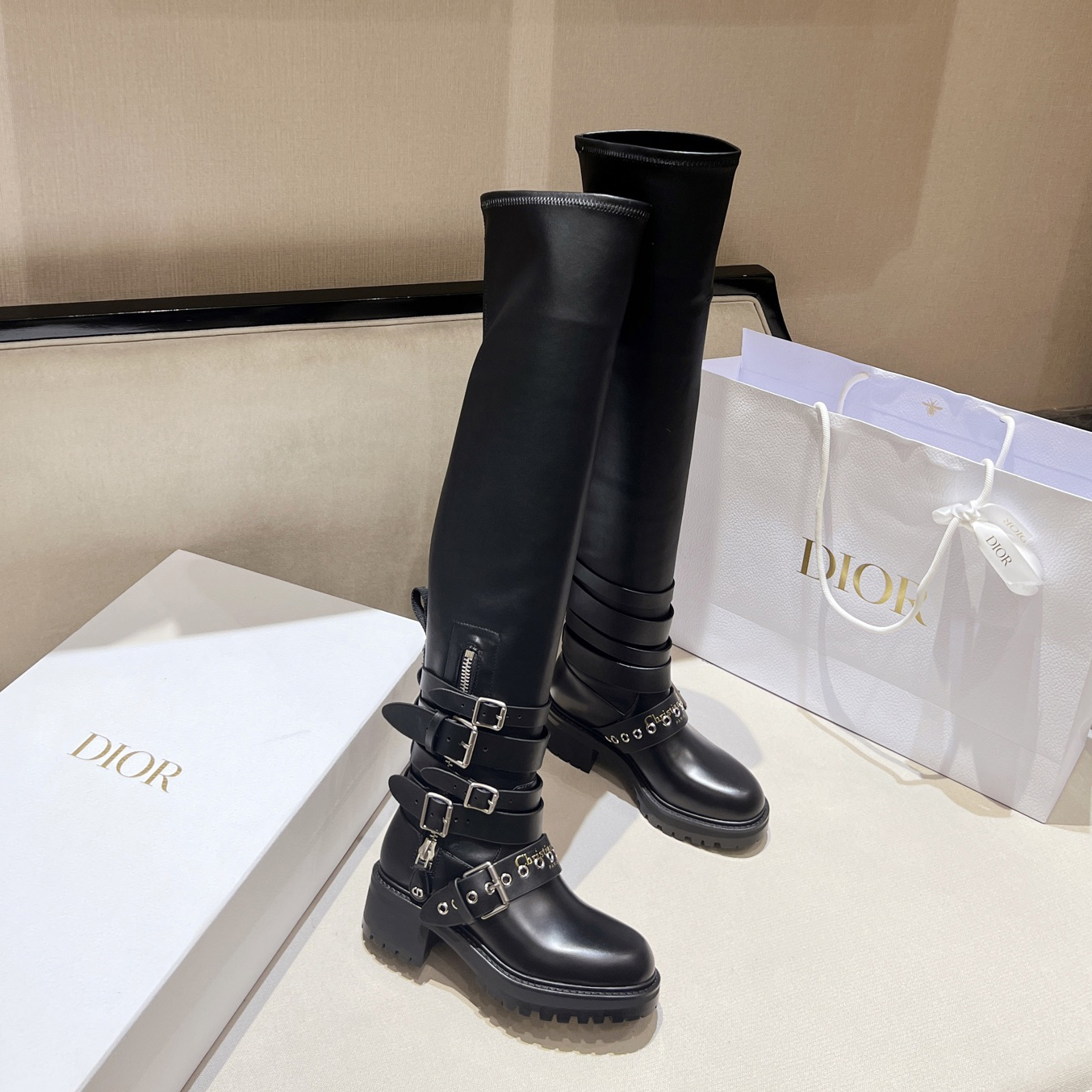 NIGO Dior D-Fight Women's Fall/Winter Classic Fashion Round-Toe Zipper Chunky Heel Leather Over-the Knee Boots Shoes #nigo78766