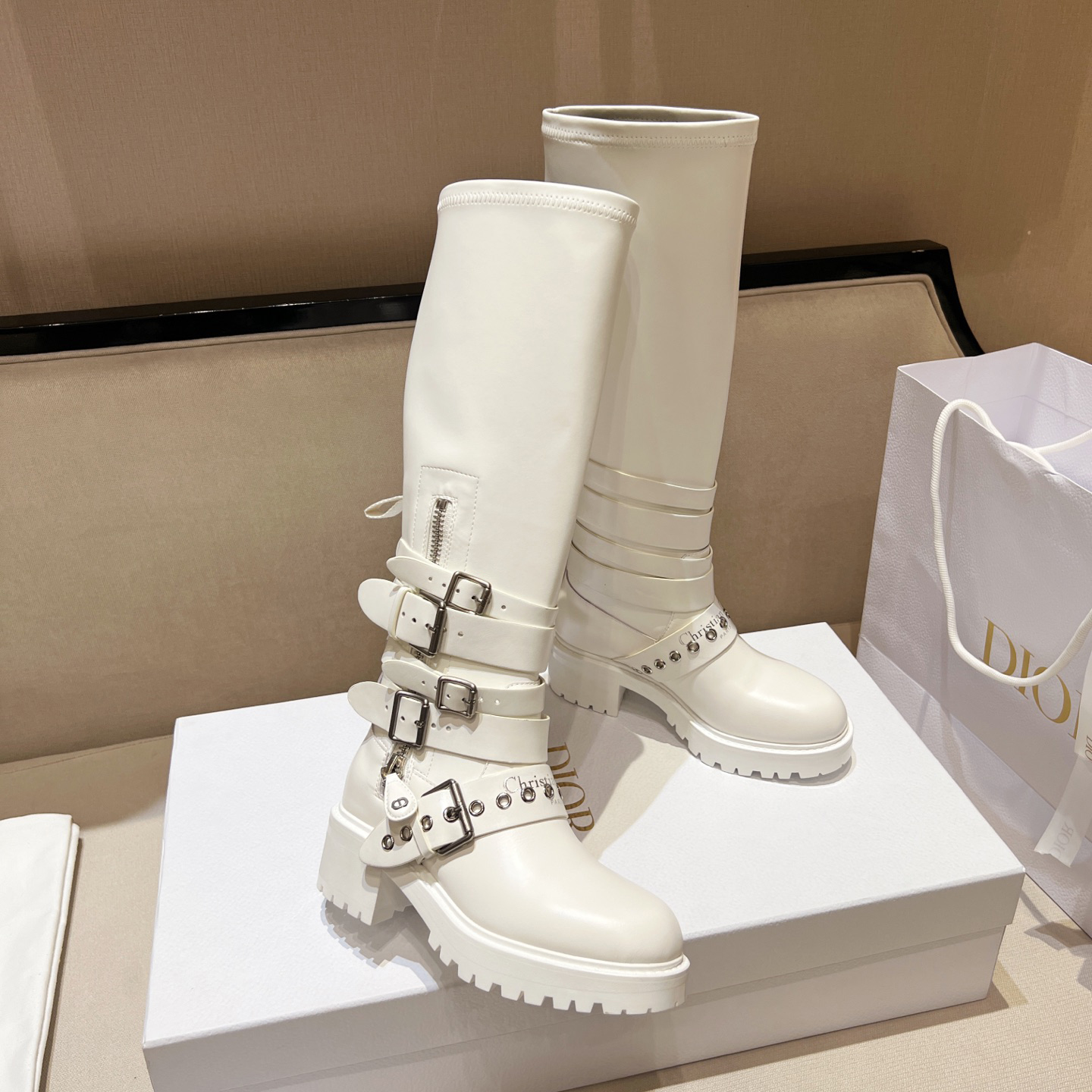 NIGO Dior D-Fight Women's Classic Trendy Round-Toe Zipper Chunky Heel Leather Knee-High Boots Shoes #nigo78765