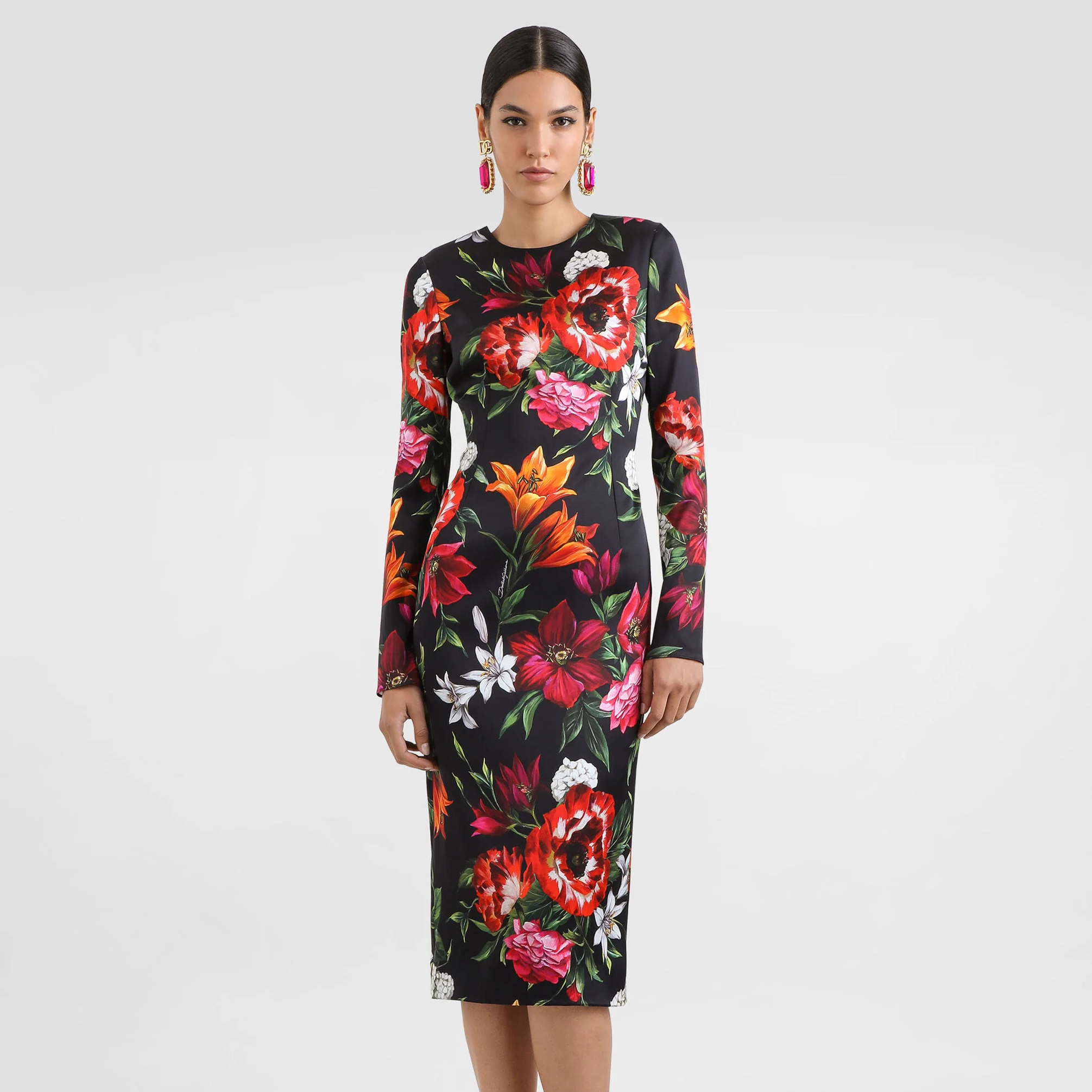 NIGO Dolce&Gabbana Women's Summer Floral Print Fitted Satin Long-Sleeve Crew Neck Dress Ngvp #nigo2375