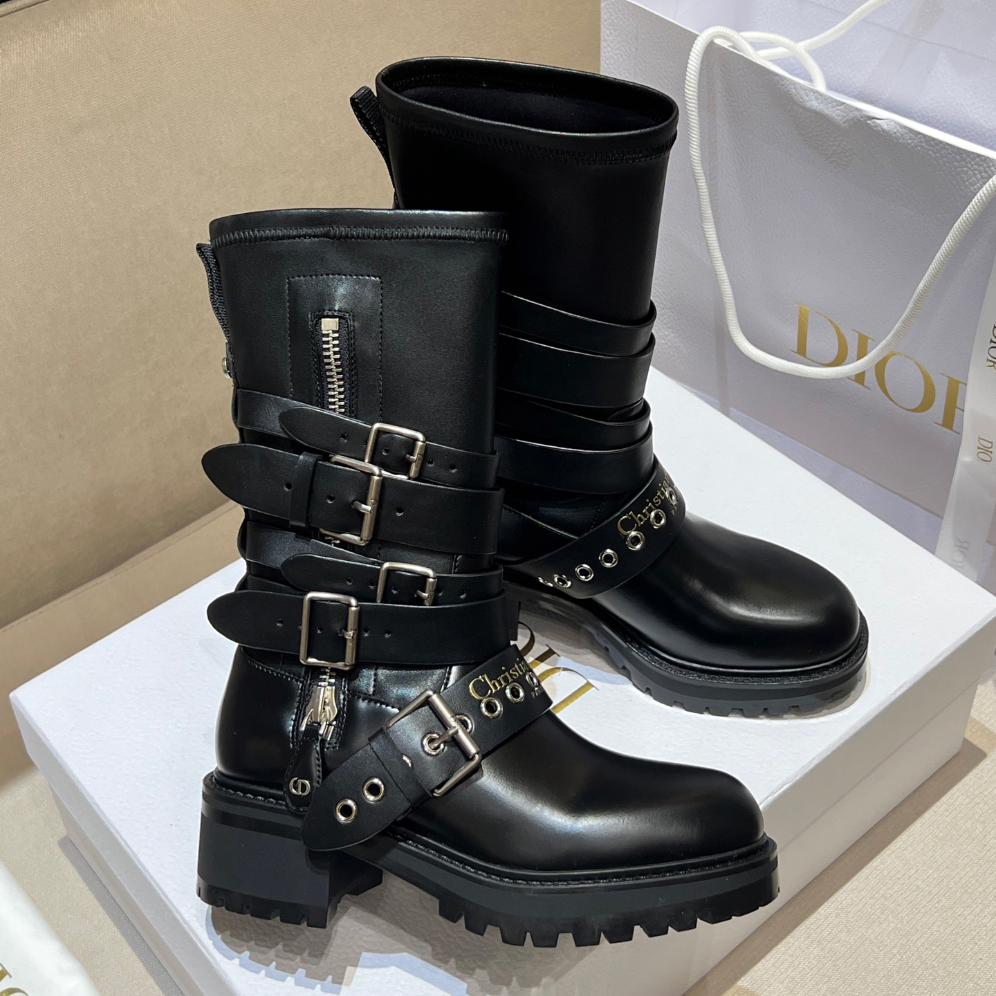 NIGO Dior D-Fight Women's Fall/Winter Fashion Classic Round-Toe Leather Ankle Boots with Chunky Heels Shoes #nigo78764