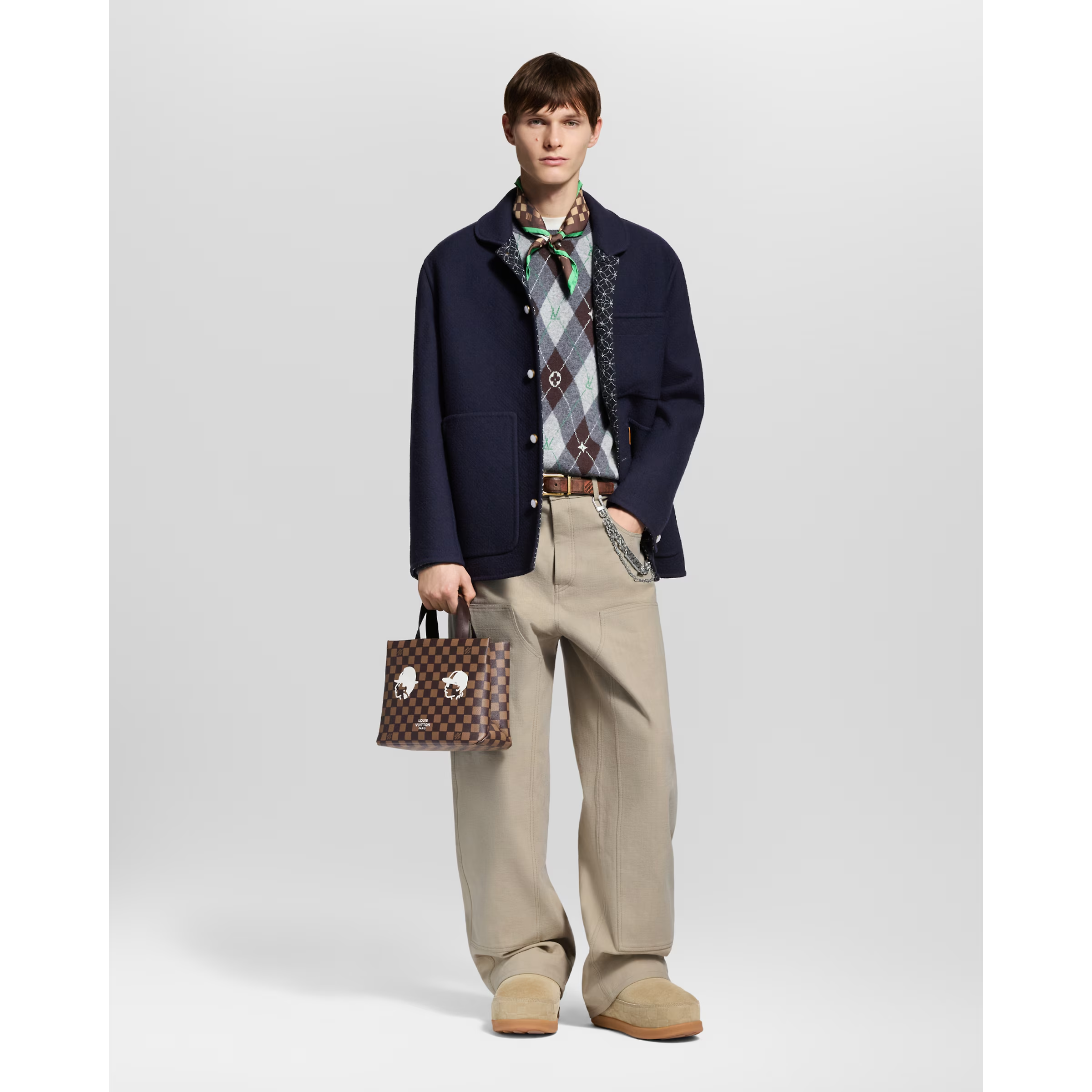 NIGO Louis Vuitton Men's Argyle Crew Neck Sweater Spring/Fall Checkered Embroidered Wool Solid Color Long Sleeve Sweater #nigo81564