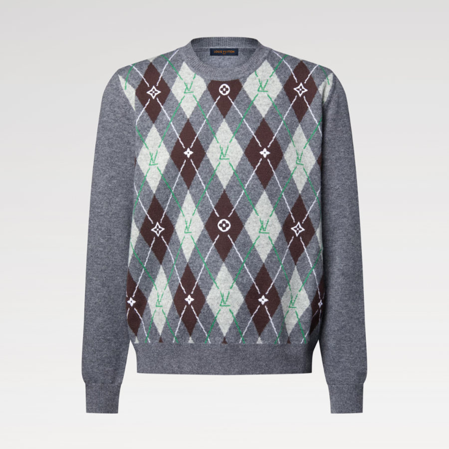 NIGO Louis Vuitton Men's Argyle Crew Neck Sweater Spring/Fall Checkered Embroidered Wool Solid Color Long Sleeve Sweater #nigo81564