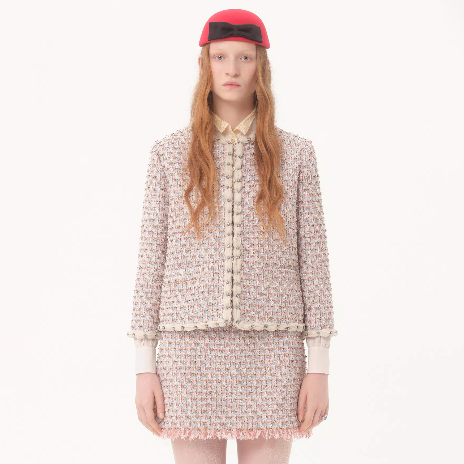 NIGO Valentino ﻿Women's Spring/Summer/Fall Striped Knit Long-Sleeve Embroidered Ribbon Tweed Jacket Casual Solid-Color Mid-Waist Skirt Ngvp #nigo2384