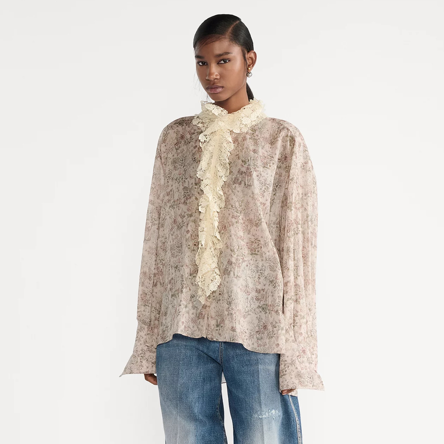 NIGO Dior Women's Spring/Fall Floral Print Lace Ruffled Collar Cotton Embroidered Solid Color Long-Sleeve Loose Fit Shirt Ngvp #nigo2382