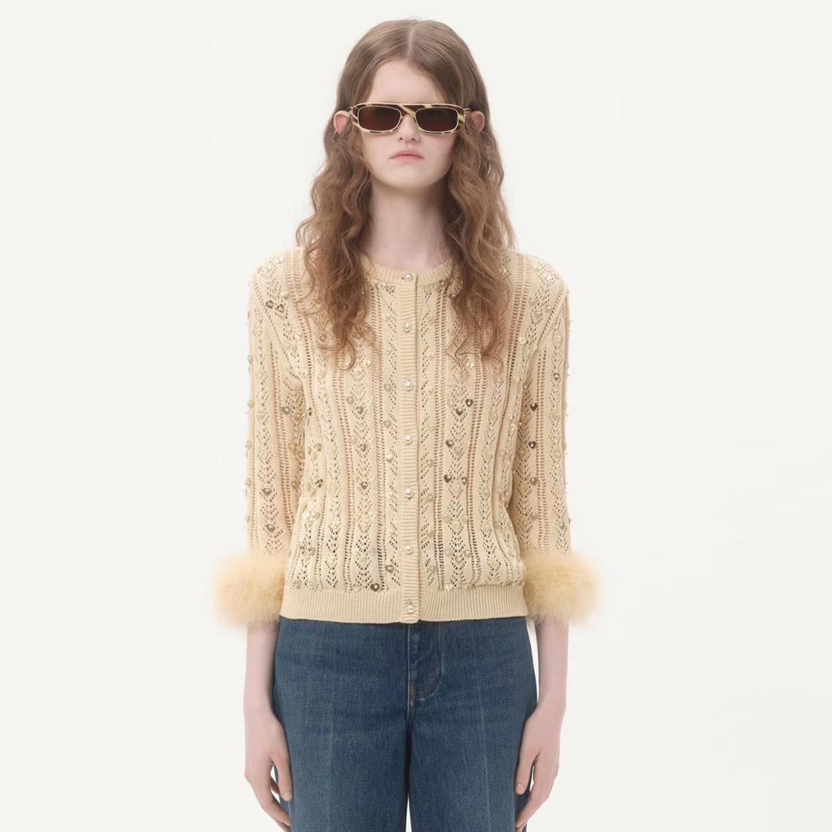 NIGO Valentino Women's Fall/Winter Beaded Solid-Color Embroidered Feather-Sleeve Crew Neck Single-bleated Button Knit Cardigan Ngvp #nigo2381