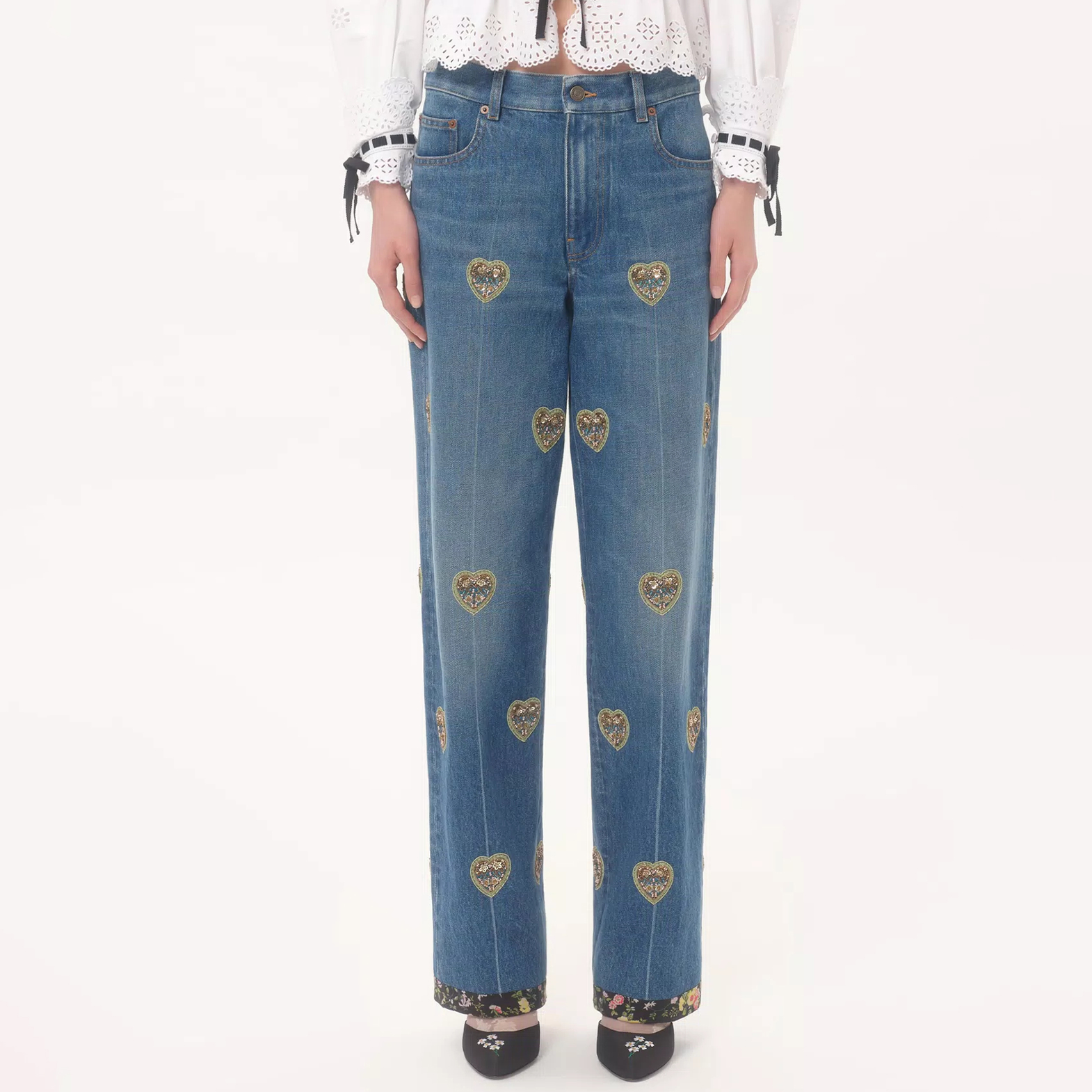 NIGO Valentino Women's Four-Season Vintage Heart-Shaped Embroidered Floral Beaded Solid-Color Denim Jeans Pants Ngvp #nigo2379