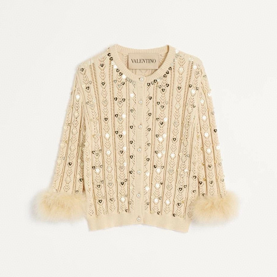 NIGO Valentino Women's Fall/Winter Beaded Solid-Color Embroidered Feather-Sleeve Crew Neck Single-bleated Button Knit Cardigan Ngvp #nigo2381