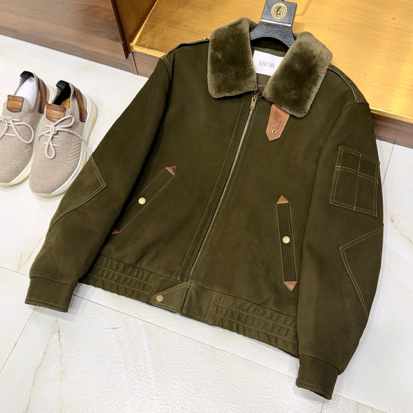 NIGO Dior Men's Winter Fashion Classic Lapel Zipper Shearling Jacket with White Duck Down Lining Long Sleeve Coat Jacket #nigo78825