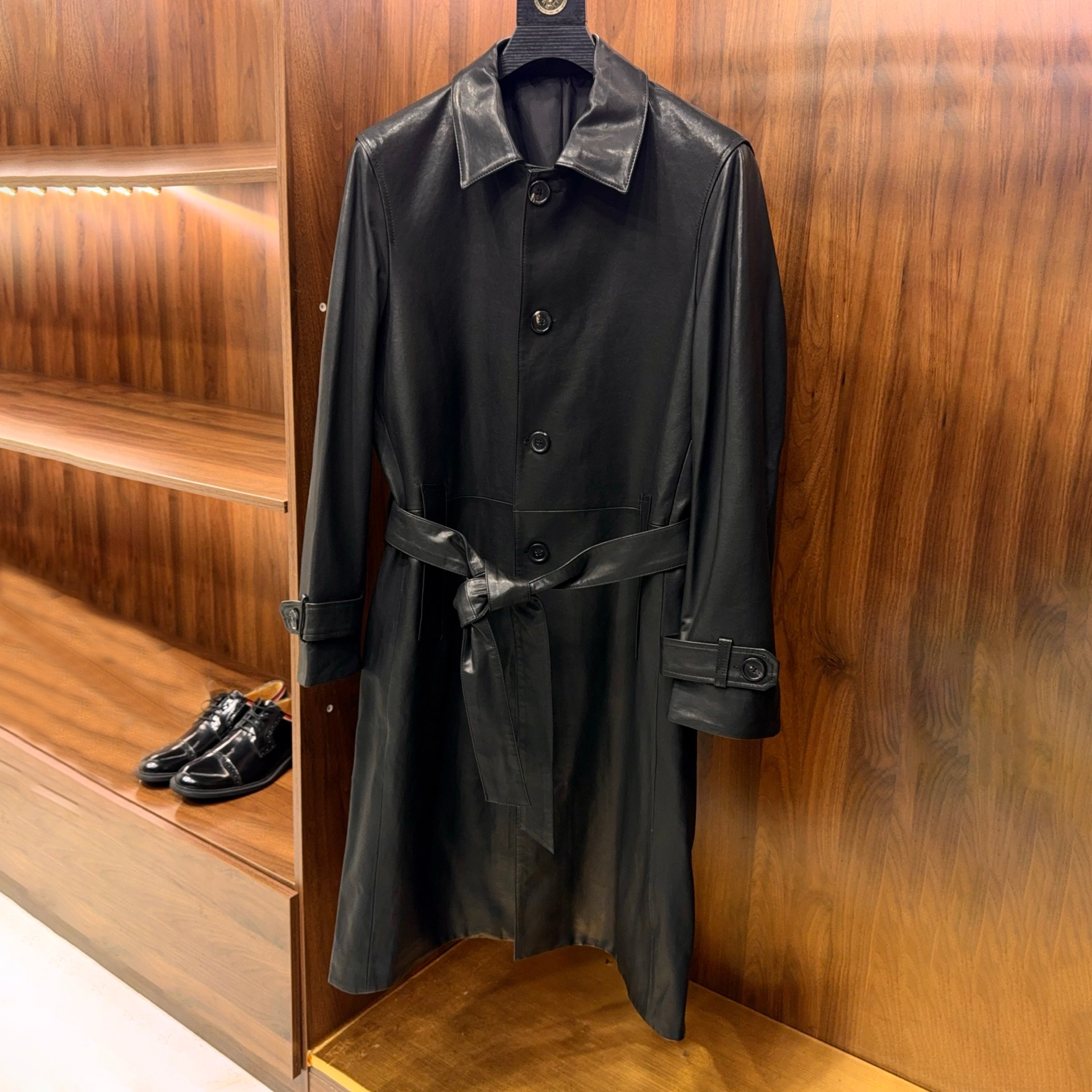 NIGO Gucci Men's And Women's Autumn/Winter Fashion Classic Solid-Color Lapel Single Breasted Vintage Craftsmanship Belted Long Trench Coat Leather Jacket #nigo78826