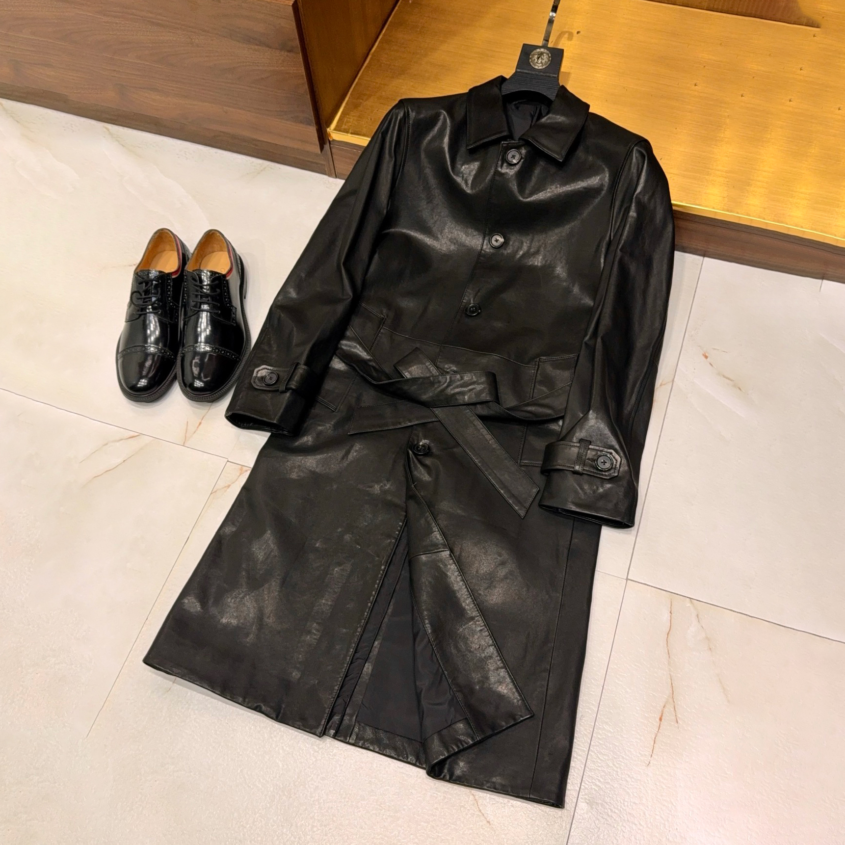 NIGO Gucci Men's And Women's Autumn/Winter Fashion Classic Solid-Color Lapel Single Breasted Vintage Craftsmanship Belted Long Trench Coat Leather Jacket #nigo78826