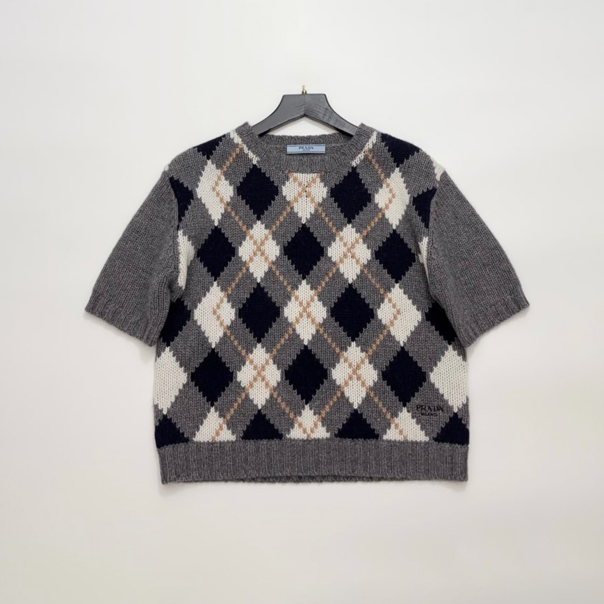 NIGO Prada Women's Spring/Fall Casual Fashion Round Neck Diamond Pattern Cashmere Knit Sweater Letter Embroidered Short Sleeve Pullover T-Shirt #nigo78837