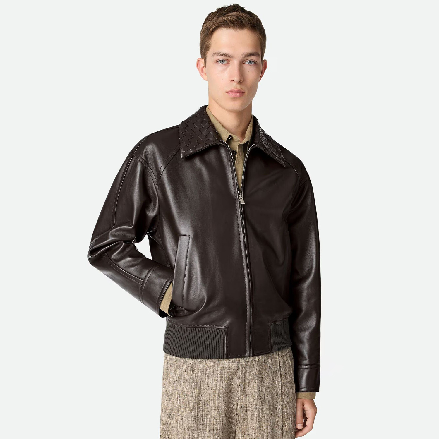 NIGO Bottega Veneta Men's Fall And Winter Woven Leather Collar Zipper Leather Jacket Business Casual Fashion Luxury Leather Jacket Coat Ngvp #nigo2484