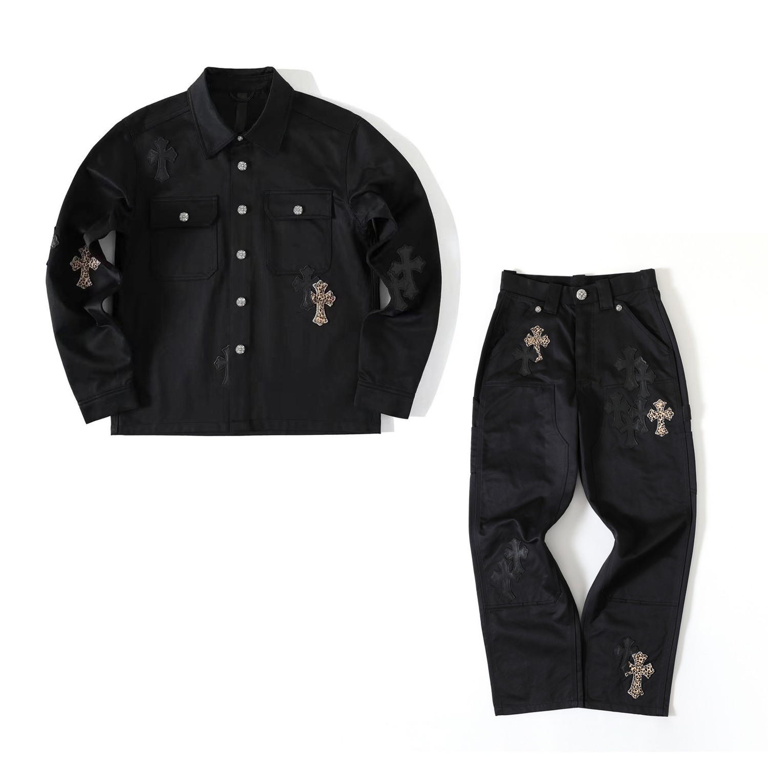 NIGO Chrome Hearts Men's Spring/Fall Fashion Casual Collared Single-Breasted Solid-Color Shirt Jacket with Loose-Fit Waist-Tie Workwear Pants Suit Set #nigo78853
