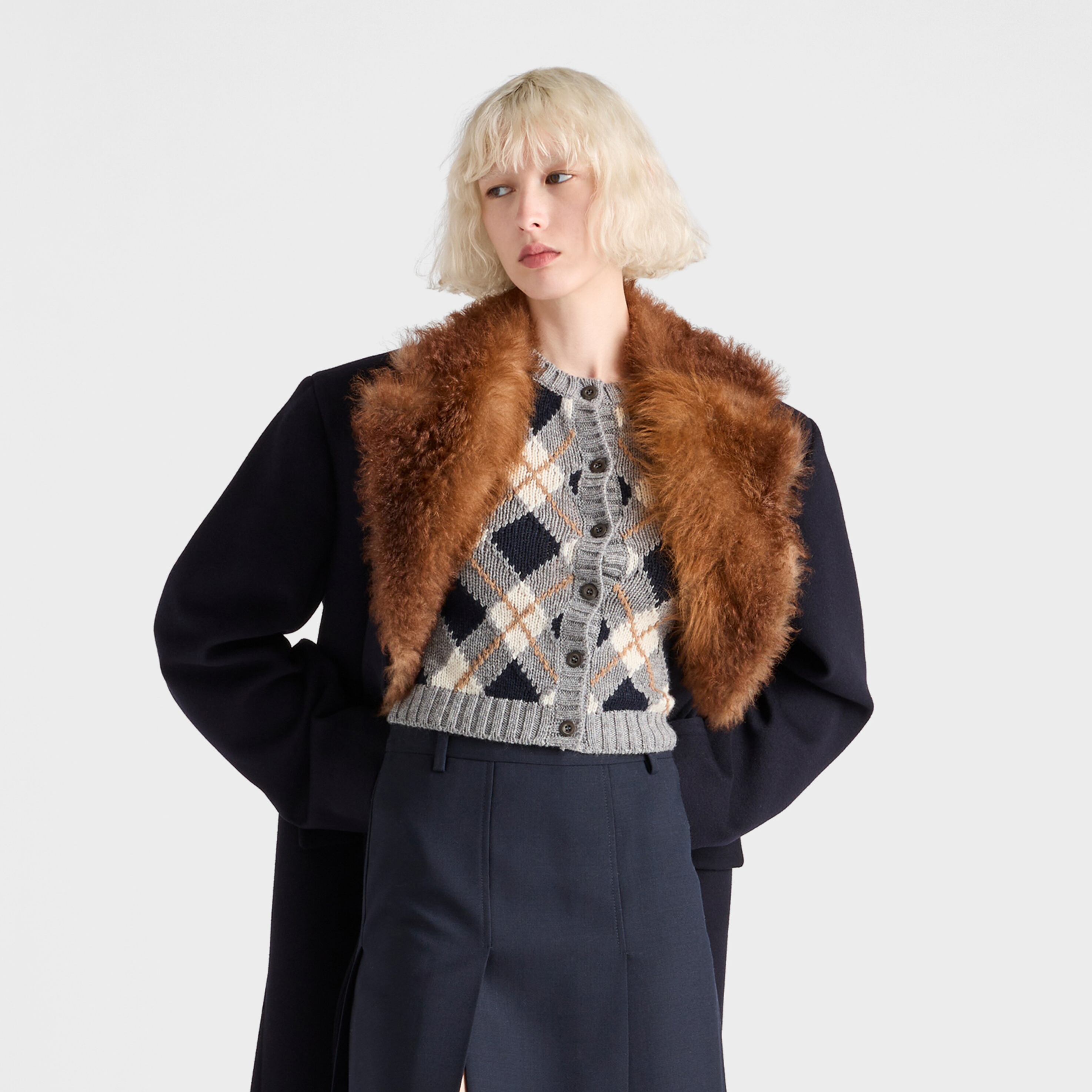 NIGO Prada Women's Spring/Fall Round Neck Single-Button Diamond-Pattern Cashmere Knit Cardigan with Letter Embroidery Long Sleeve Cropped Cardigan #nigo78839