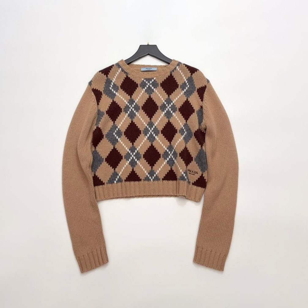 NIGO Prada Women's Spring/Fall Fashion Casual Crew Neck Diamond Pattern Cashmere Knit Sweater with Letter Embroidery Long Sleeve Pullover Top Sweater #nigo78838