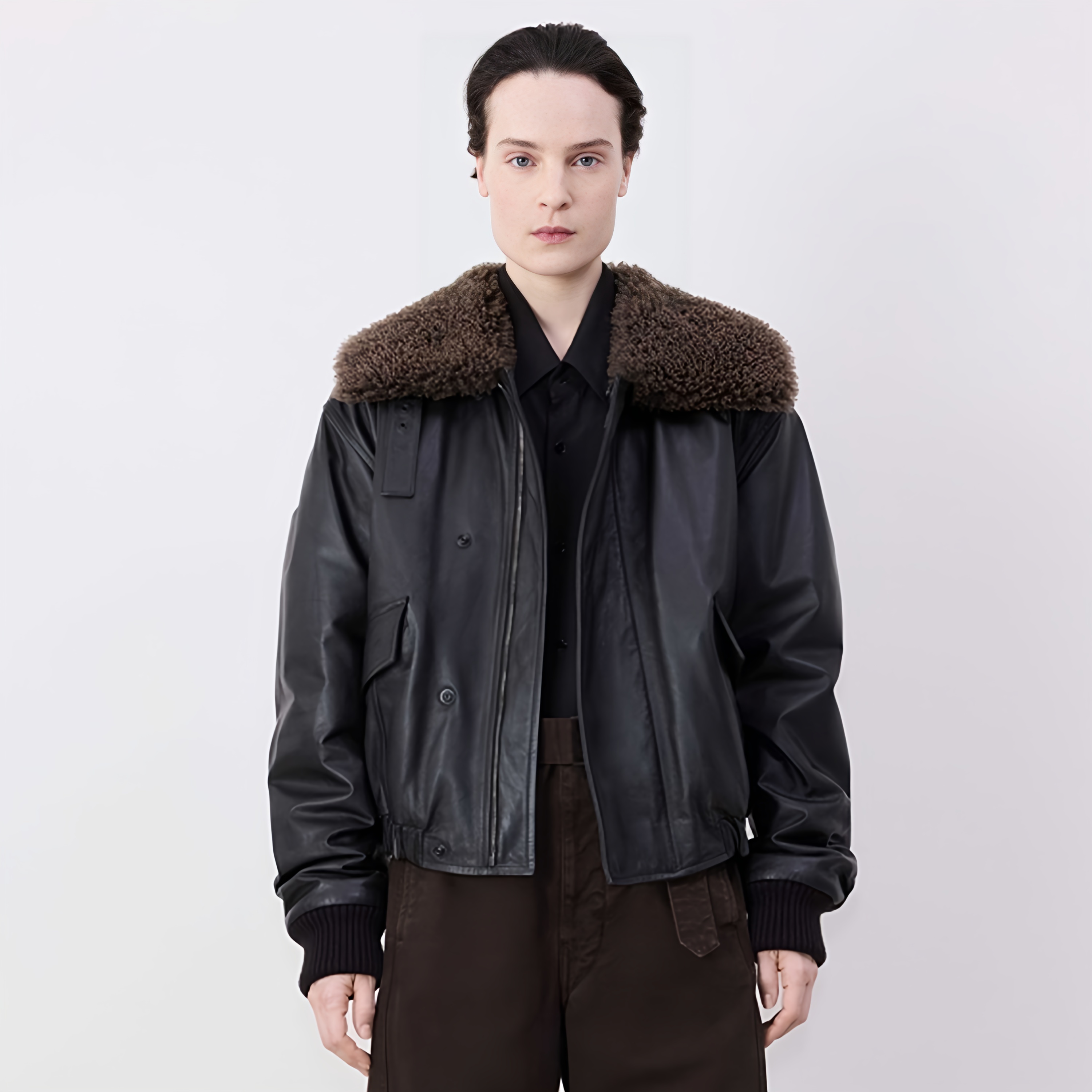 NIGO Lemaire Women's Autumn And Winter Fur Collar Zipper Short Solid Color Loose Long Sleeve Leather Jacket Ngvp #nigo2485