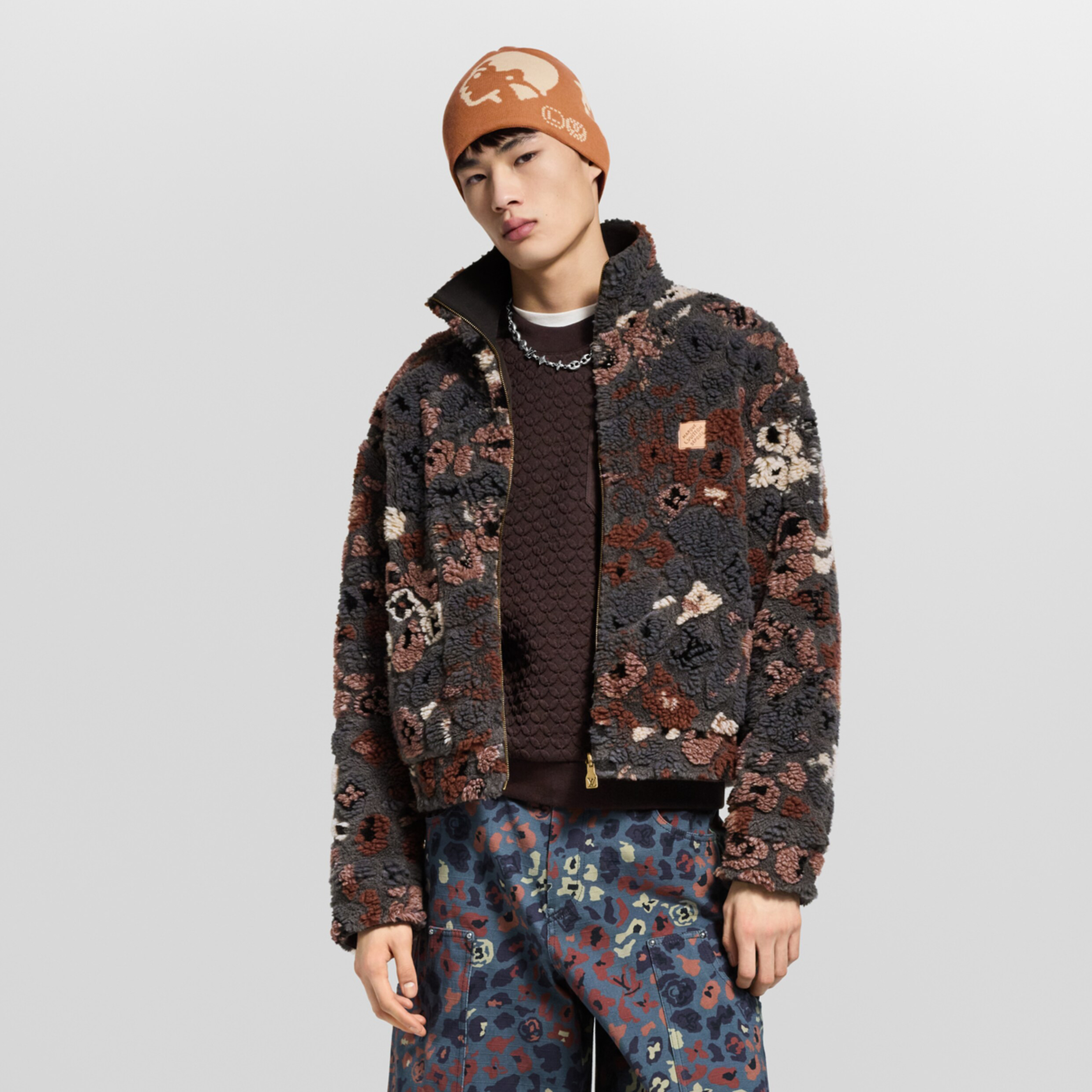 NIGO Louis Vuitton Men's And Women's Fall/Winter Fashion Casual High Neck Zipper Jacquard Suede Reversible Drawstring Waist Belt Jacket #nigo78863