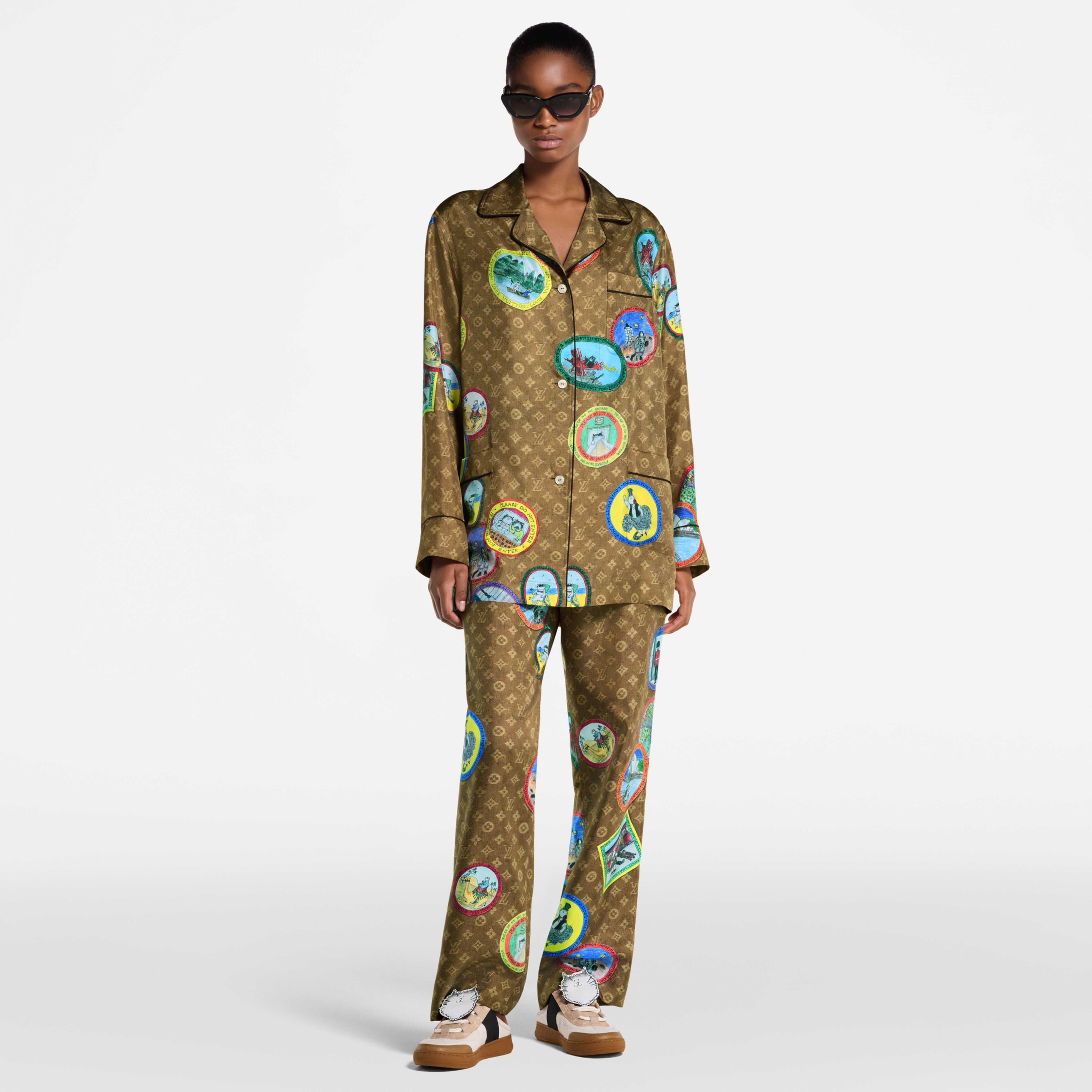 NIGO Louis Vuitton Men's And Women's Spring/Fall Fashion Casual V-Neck Collar Single-Button Print Shirt with Elastic Waistband Loose-Fit Relaxed Pants Sleepwear Suit Set #nigo78868